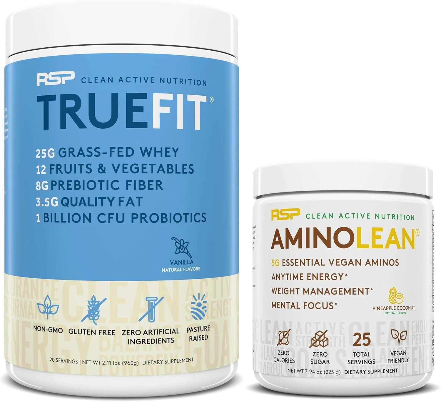 آمینولین انرژی قبل از تمرین گیاهی آر اس پی نوتریشن (آناناس نارگیل 25 سروینگ) به همراه پودر پروتئین TrueFit (وانیلی 2 پوند)