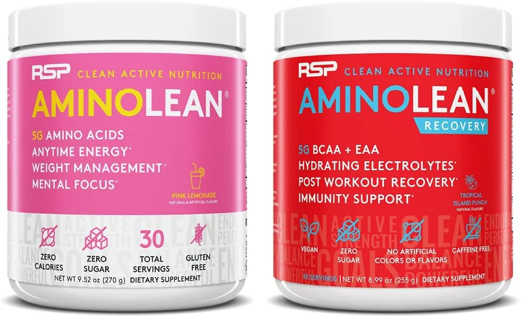 آمینولین انرژی قبل از تمرین (لیموناد صورتی 30 سروینگ) به همراه آمینولین ریکاوری بعد از تمرین (پانچ جزیره استوایی 30 سروینگ)