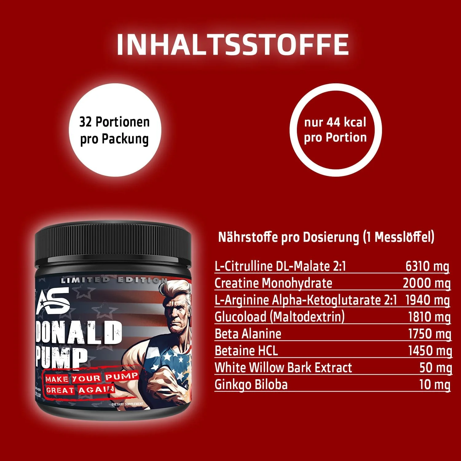 مکمل پمپ دونالد [510 گرم] - پمپ خود را دوباره عالی کنید! ال سیترولین مالات + کراتین + AAKG + بتا آلانین + جینکوبیلوبا - تقویت کننده پمپ برای تمرین
