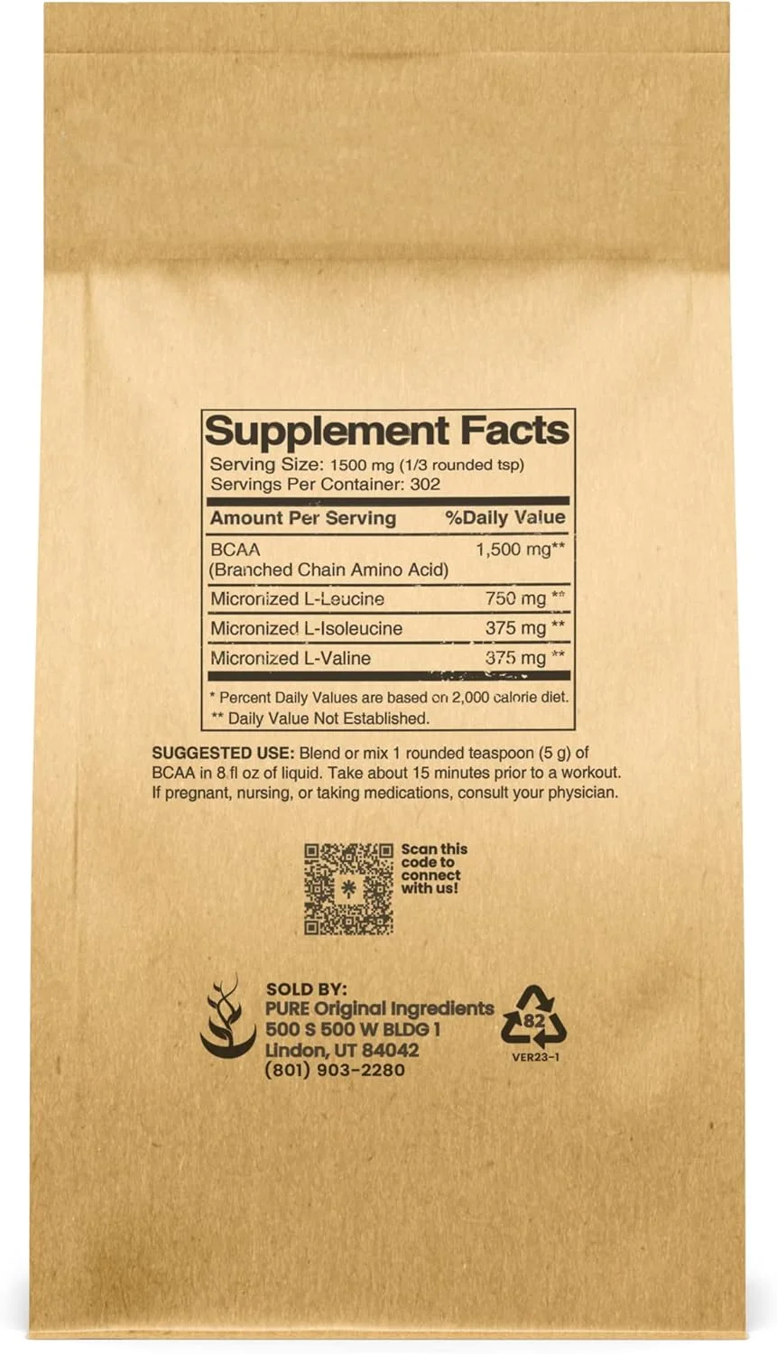 پودر بی سی ای ای فوری طعم دار نشده Pure Original Ingredients (450 گرم)، آمینو اسیدهای شاخه دار ضروری، مکمل پودر بی سی ای ای فوری طعم دار نشده Pure Original Ingredients (450 گرم)، آمینو اسیدهای شاخه دار ضروری، مکمل