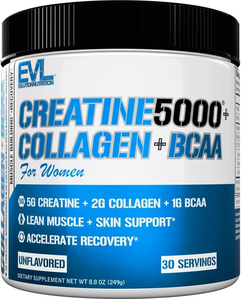 EVLution Nutrition کراتین 5000 + کلاژن + BCAA - برای بانوان - پشتیبانی از رشد عضلات بدون چربی - 5 گرم کراتین مونوهیدرات، 2 گرم پپتیدهای کلاژن و 1 گرم BCAA در هر وعده - 30 وعده - پودر بدون طعم EVLution Nutrition کراتین 5000 + کلاژن + BCAA - برای بانوان - پشتیبانی از رشد عضلات بدون چربی - 5 گرم کراتین مونوهیدرات، 2 گرم پپتیدهای کلاژن و 1 گرم BCAA در هر وعده - 30 وعده - پودر بدون طعم