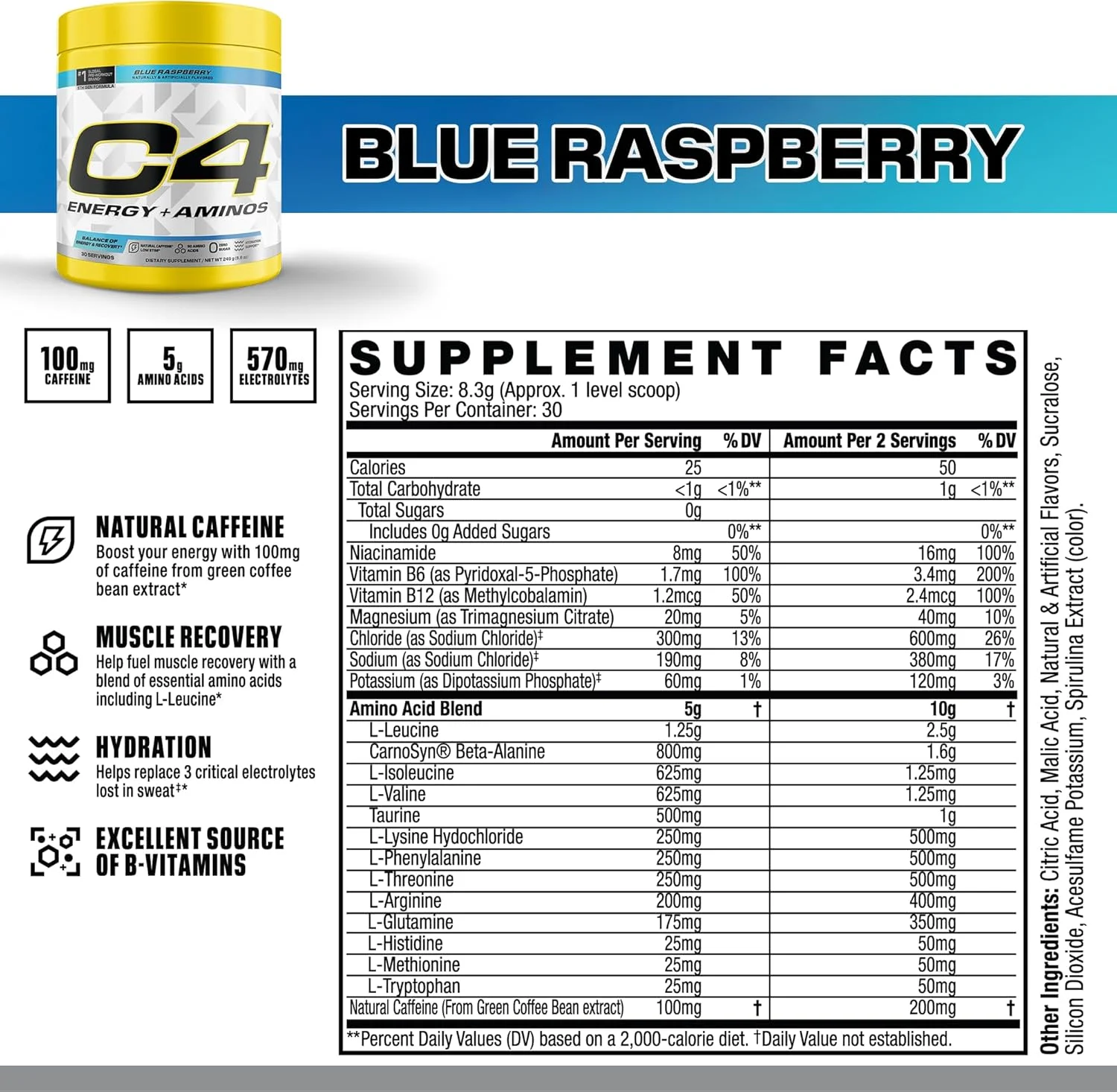 پودر انرژی + آمینو C4 Cellucor | حاوی 5 گرم BCAA و EAA برای ریکاوری عضلات، 3 الکترولیت برای هیدراتاسیون، 100 میلی گرم کافئین طبیعی | قبل از تمرین | بدون شکر، 30 سروینگ، تمشک آبی پودر انرژی + آمینو C4 Cellucor | حاوی 5 گرم BCAA و EAA برای ریکاوری عضلات، 3 الکترولیت برای هیدراتاسیون، 100 میلی گرم کافئین طبیعی | قبل از تمرین | بدون شکر، 30 سروینگ، تمشک آبی