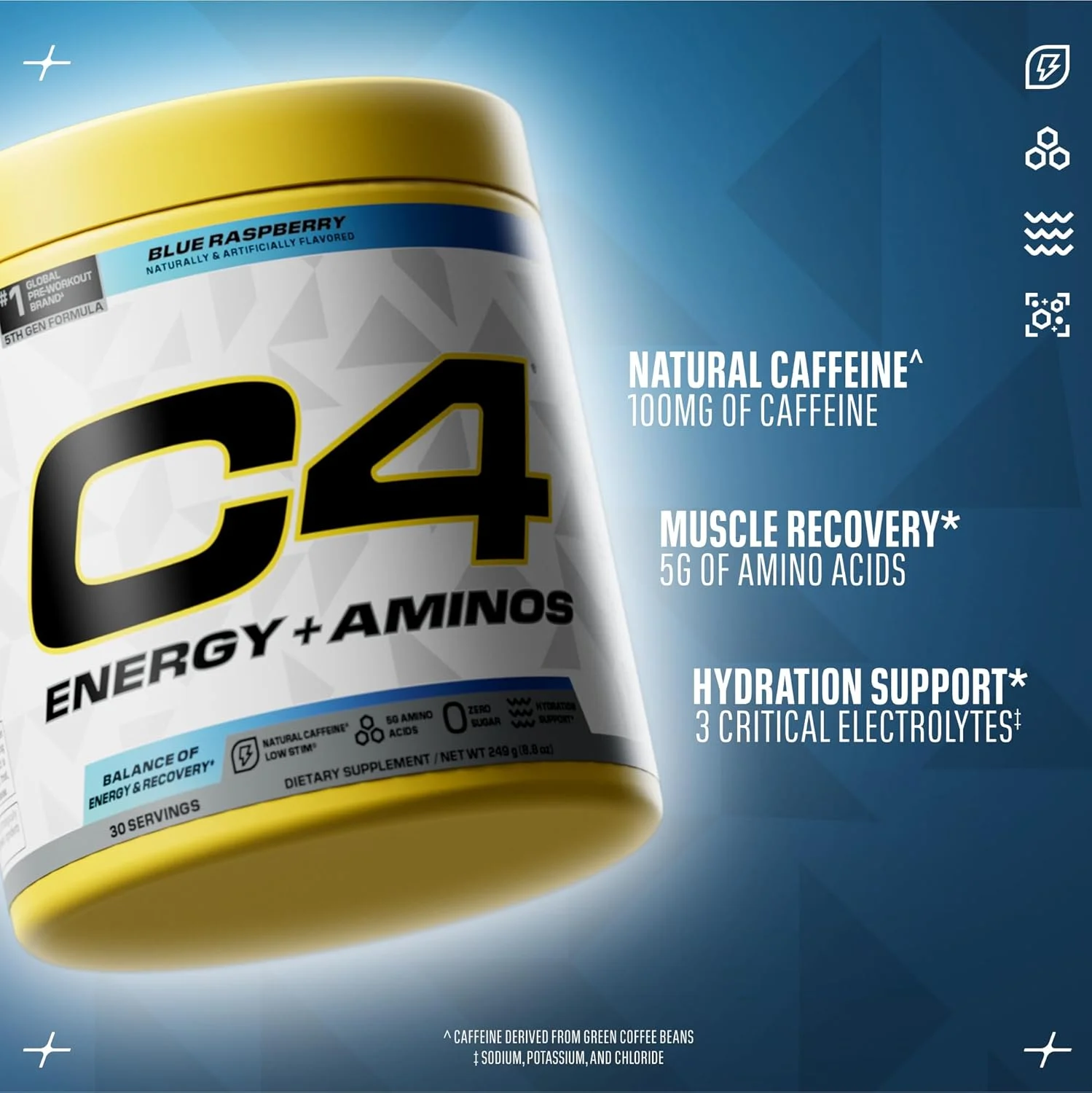 پودر انرژی + آمینو C4 Cellucor | حاوی 5 گرم BCAA و EAA برای ریکاوری عضلات، 3 الکترولیت برای هیدراتاسیون، 100 میلی گرم کافئین طبیعی | قبل از تمرین | بدون شکر، 30 سروینگ، تمشک آبی پودر انرژی + آمینو C4 Cellucor | حاوی 5 گرم BCAA و EAA برای ریکاوری عضلات، 3 الکترولیت برای هیدراتاسیون، 100 میلی گرم کافئین طبیعی | قبل از تمرین | بدون شکر، 30 سروینگ، تمشک آبی