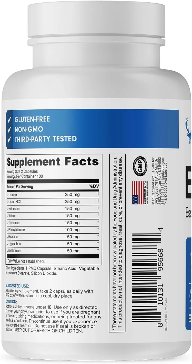 کپسول های آمینو اسیدهای ضروری باکت آپ - مکمل آمینو اسیدهای ضروری | 1200 میلی گرم در هر وعده | مناسب برای استفاده در حال حرکت | بدون گلوتن، غیر GMO، تست شده توسط شخص ثالث | 100 وعده (200 کپسول) کپسول های آمینو اسیدهای ضروری باکت آپ - مکمل آمینو اسیدهای ضروری | 1200 میلی گرم در هر وعده | مناسب برای استفاده در حال حرکت | بدون گلوتن، غیر GMO، تست شده توسط شخص ثالث | 100 وعده (200 کپسول)