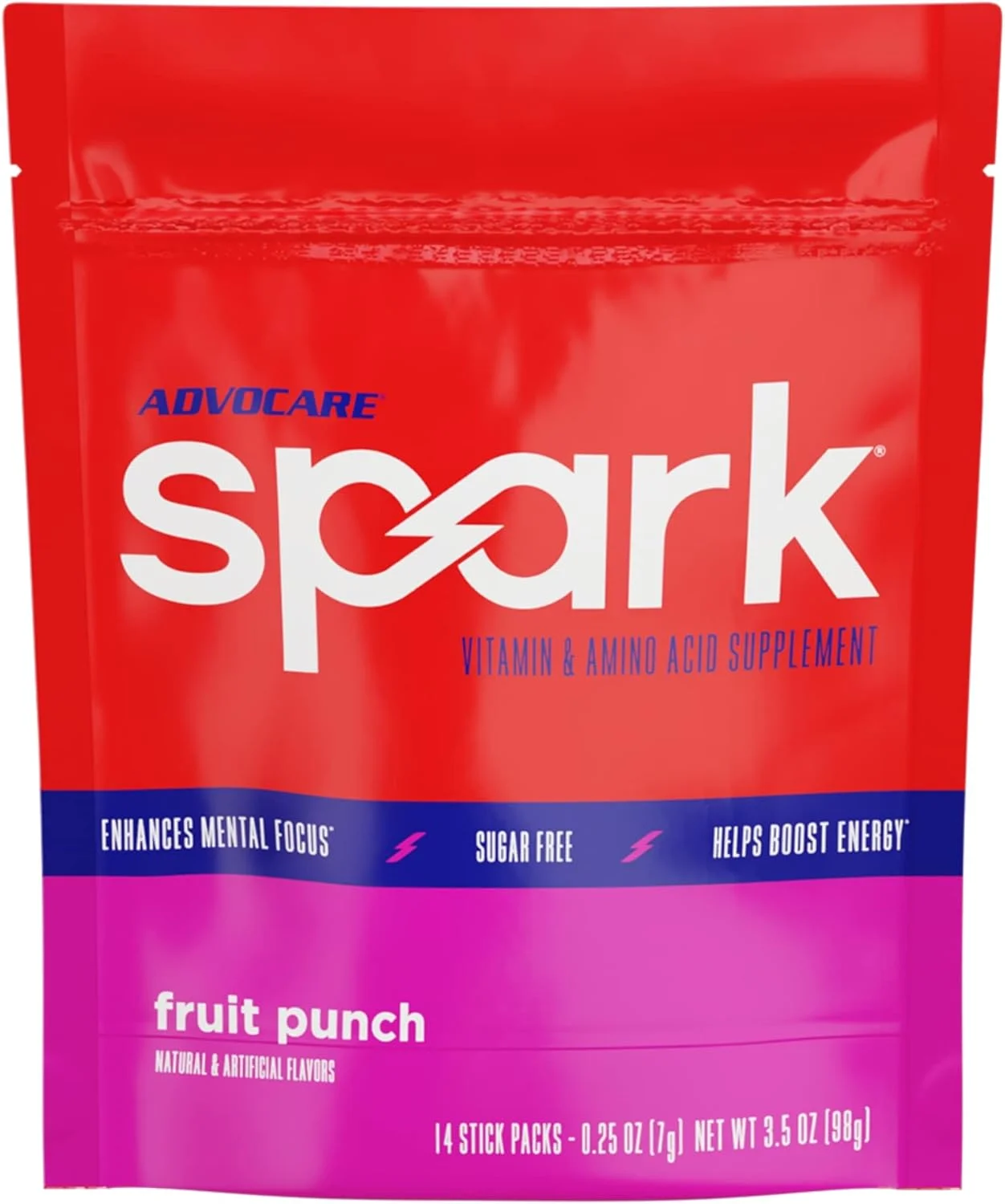 مخلوط نوشیدنی انرژی زا AdvoCare Spark - مکمل ویتامین و آمینو اسید - پشتیبانی از انرژی و تمرکز* - پشتیبانی قابل حمل از سیستم ایمنی* - بدون شکر - پانچ میوه، 14 بسته چوبی (99 گرم)