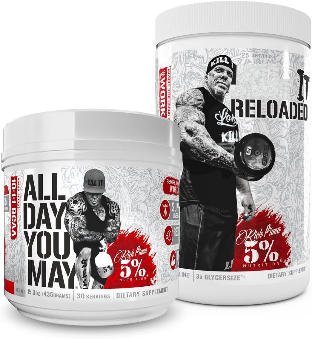 مجموعه ریچ پیانا 5% نوتریشن | پودر بی سی ای ای AllDayYouMay + مکمل قبل از تمرین Kill It Reloaded (پانچ میوه)