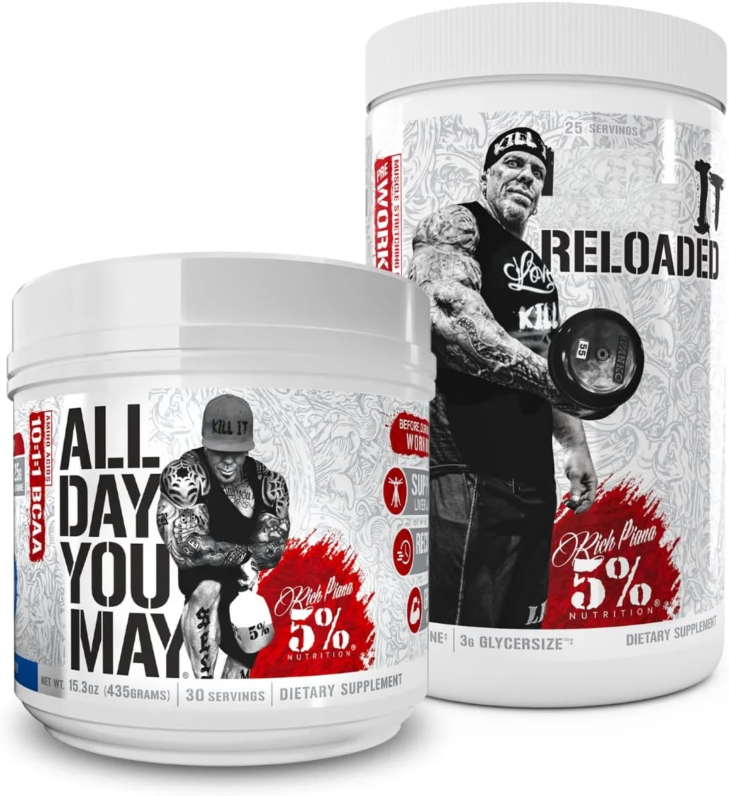 مجموعه ریچ پیانا 5% نوتریشن | پودر بی سی ای ای AllDayYouMay + مکمل قبل از تمرین Kill It Reloaded با محرک بالا (تمشک آبی)