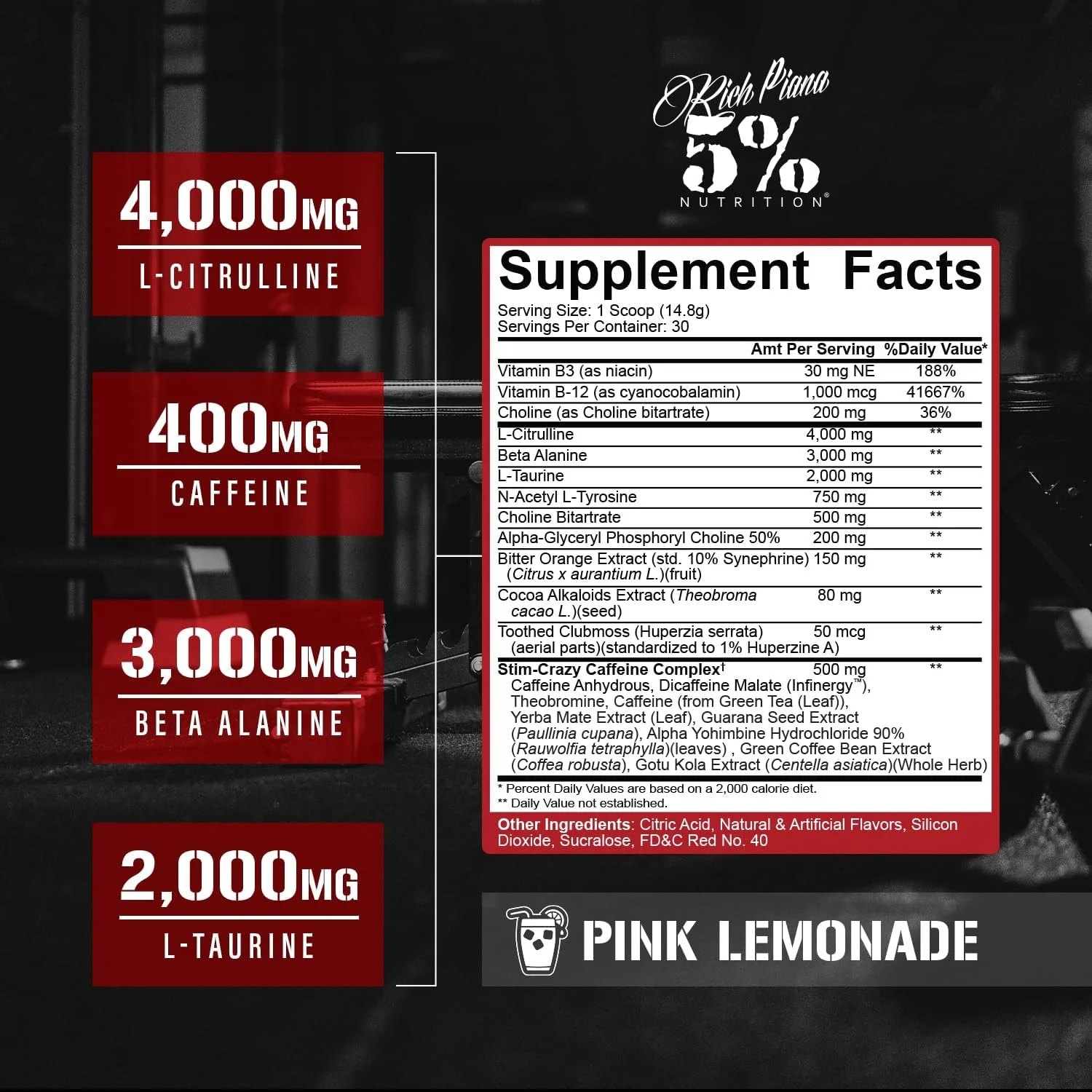 پودر مکمل قبل از تمرین 5150 با محرک بالا از 5% Nutrition Rich Piana | انرژی فوق العاده، تمرکز، پمپ و استقامت | 400 میلی گرم کافئین، سیترولین، بتا آلانین، ان-استیل ال-تیروزین | 30 سروینگ (لیموناد صورتی)