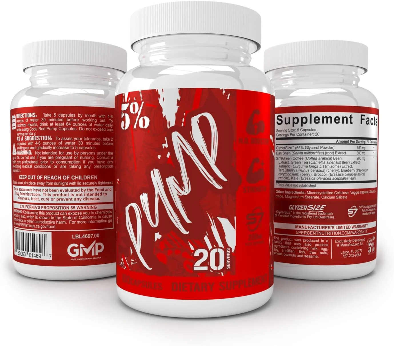 کپسول های پمپ کد قرمز 5% نوتریشن | کپسول های تقویت کننده اکسید نیتریک | مکمل قبل از تمرین کم محرک | گلیسر سایز ثبت شده، دن شن، S7 (100 کپسول)