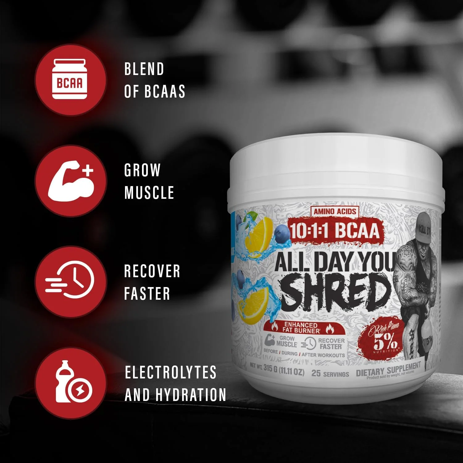 پودر بی سی ای ای 5% نوتریشن ریچ پیانا آل دی یو شرد | مکمل اسید آمینه برای کاهش وزن | مکمل پیش از تمرین چربی سوز الیت برای انرژی، هیدراتاسیون، استقامت و ریکاوری (لیموناد بلوبری)