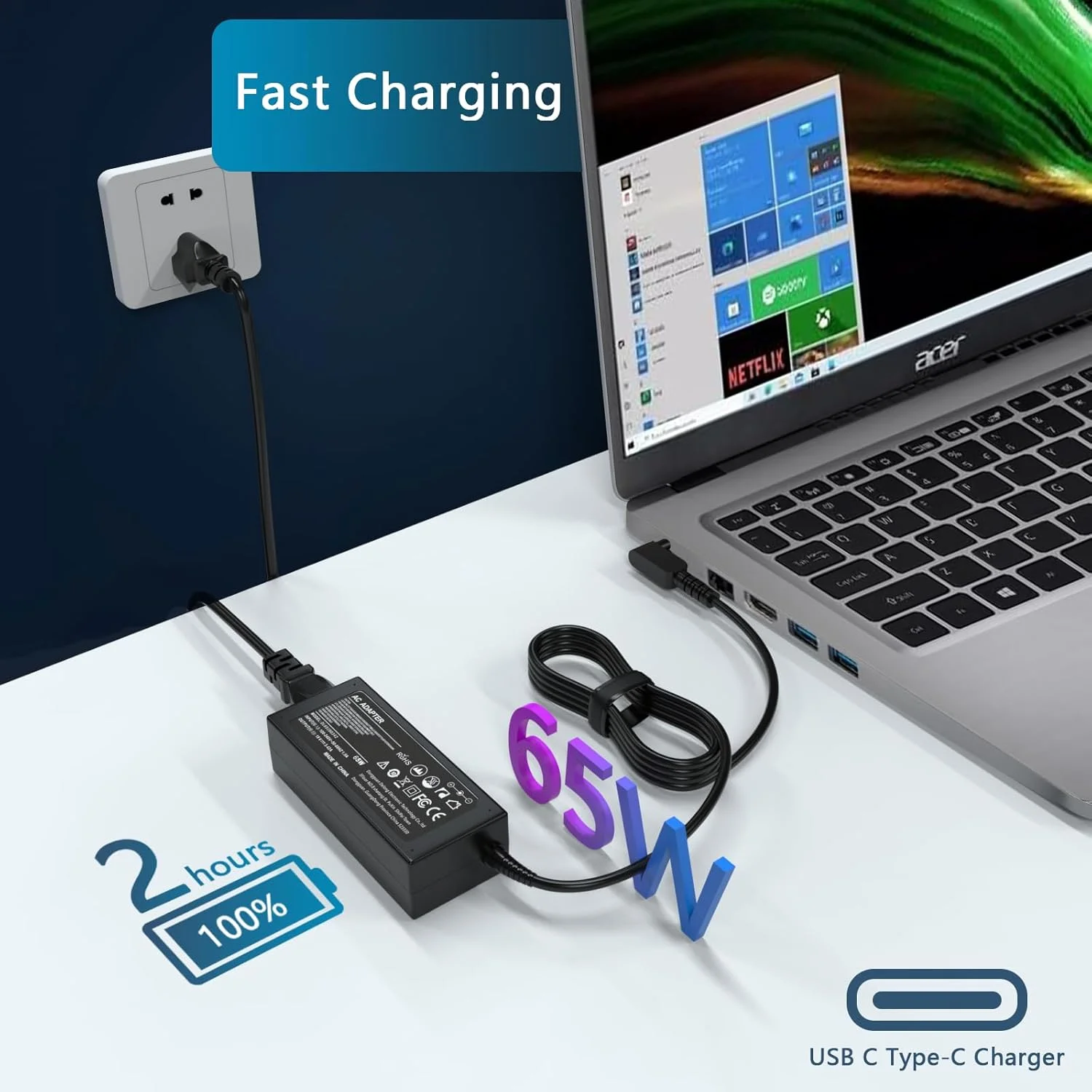 آداپتور برق 65 واتی سازگار با شارژر لپ تاپ های Acer Aspire سری 5 و 3 مدل های A515 A517 A515-55 A515-56 / A315-24P A315-58