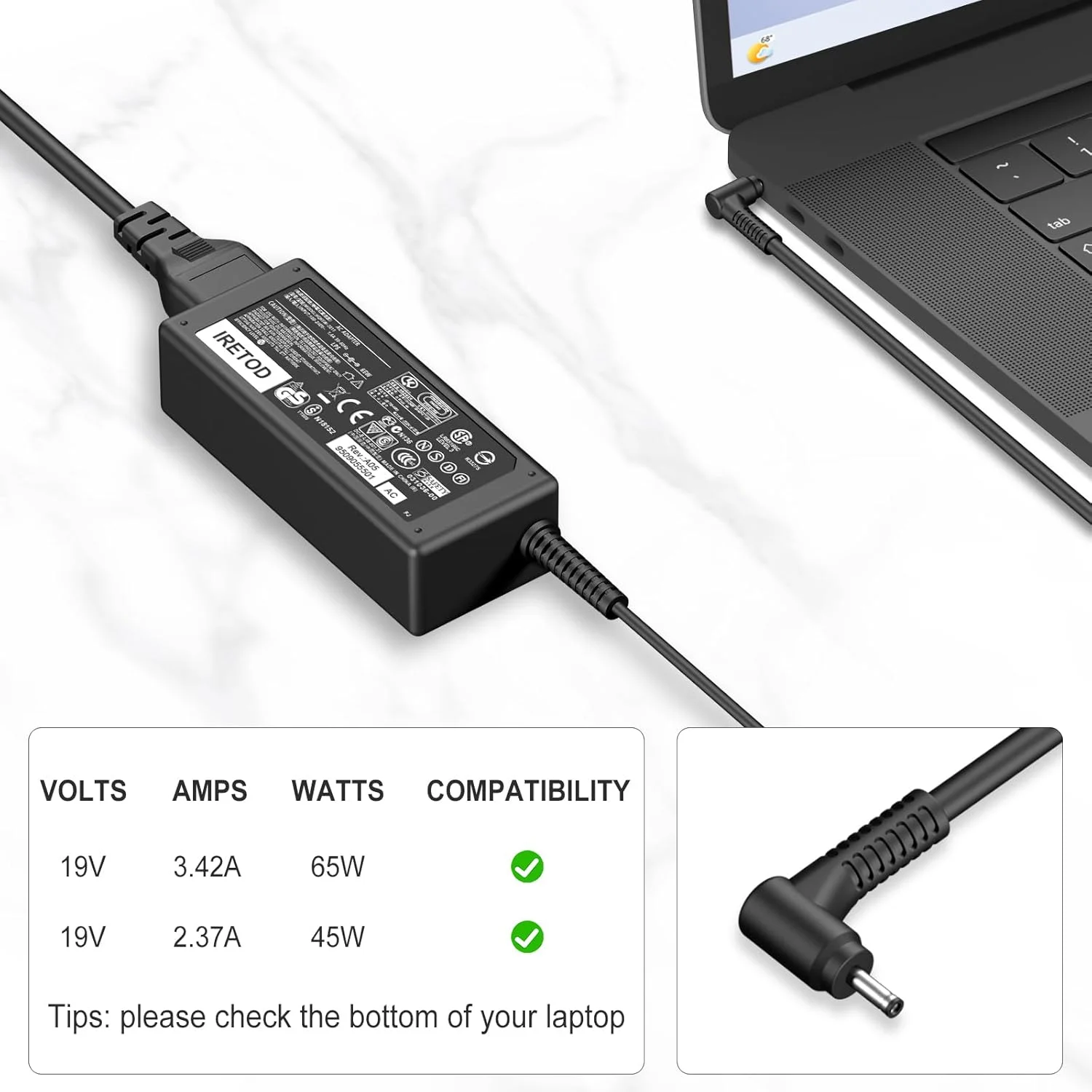 شارژر 65 واتی لپ تاپ سازگار با Acer Chromebook 11 13 14 15 R11، Acer Swift 3، Aspire/Spin 1 3 5، آداپتور برق 19 ولت 3.42 آمپر (3.0 * 1.1 میلی متر)