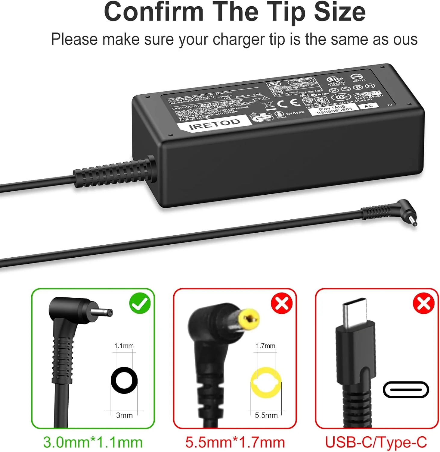 شارژر 65 واتی لپ تاپ سازگار با Acer Chromebook 11 13 14 15 R11، Acer Swift 3، Aspire/Spin 1 3 5، آداپتور برق 19 ولت 3.42 آمپر (3.0 * 1.1 میلی متر)