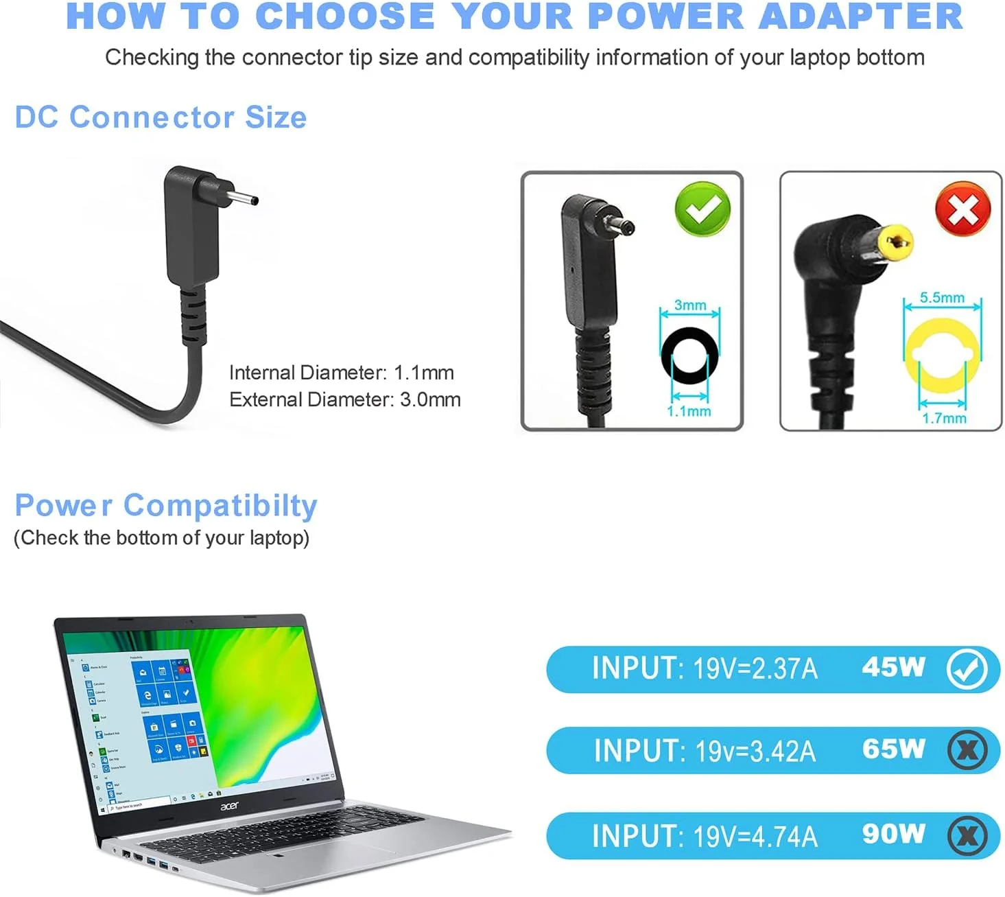 شارژر لپ تاپ 45 واتی سازگار با سری های Acer Aspire 1 3 5 مدل های A315-23 A315-24P A315-35 A317-53 A317-54 A317-55P A115-32 A314-22 A314-23P A514-55 A515-45 A517-52 A314-36P شارژر لپ تاپ 45 واتی سازگار با سری های Acer Aspire 1 3 5 مدل های A315-23 A315-24P A315-35 A317-53 A317-54 A317-55P A115-32 A314-22 A314-23P A514-55 A515-45 A517-52 A314-36P