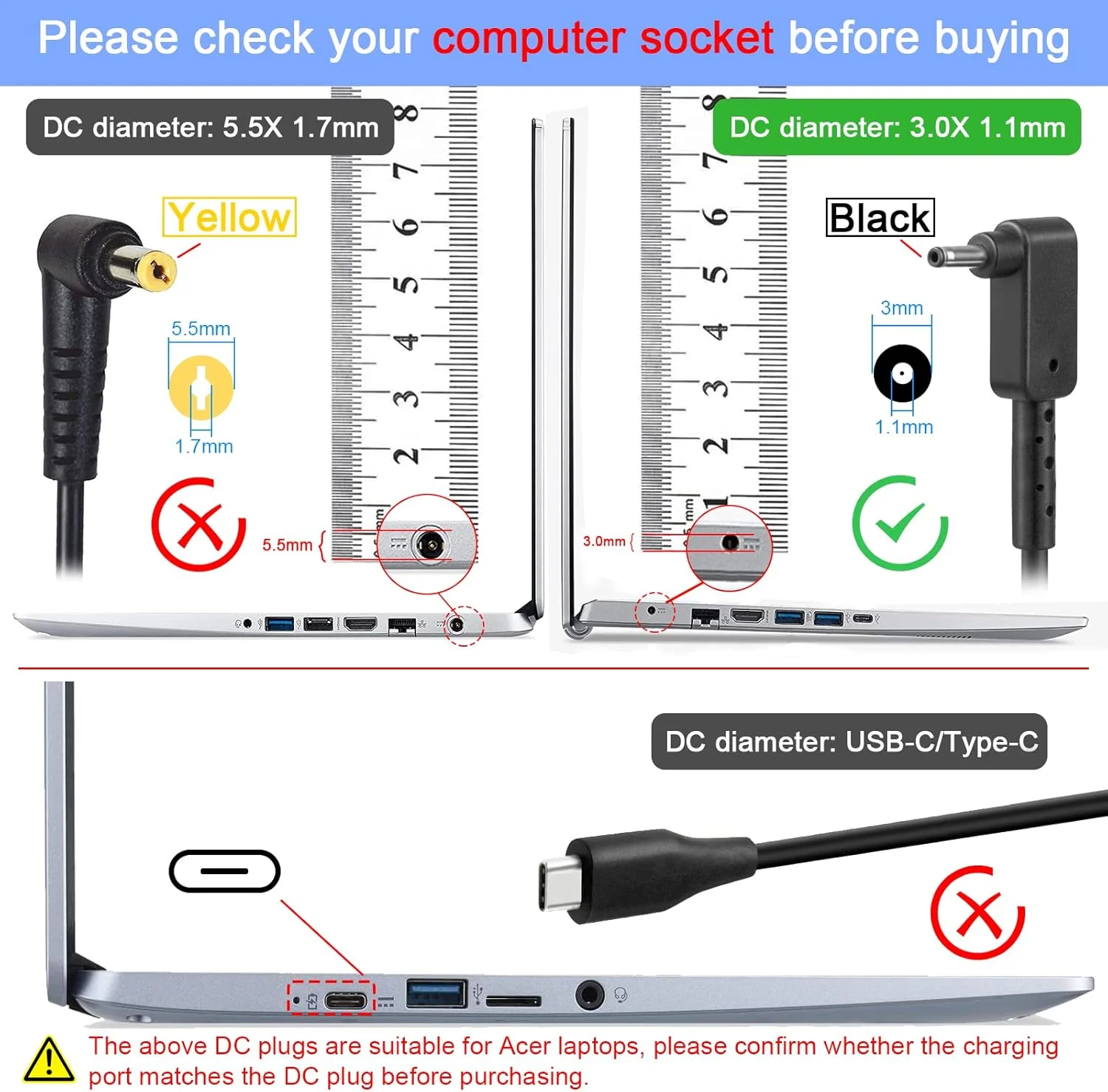 آداپتور برق 65 واتی 19 ولت 3.42 آمپر برای ایسر کروم بوک 11 13 14 15 R11 CB3-131-C3SZ C720-2103 CB5-571-C1DZ اسپایر وان کلودبوک 11 14، کانکتور DC گرد کوچک 3.0*1.1 (سازگار با Type C/USB C نیست) آداپتور برق 65 واتی 19 ولت 3.42 آمپر برای ایسر کروم بوک 11 13 14 15 R11 CB3-131-C3SZ C720-2103 CB5-571-C1DZ اسپایر وان کلودبوک 11 14، کانکتور DC گرد کوچک 3.0*1.1 (سازگار با Type C/USB C نیست)