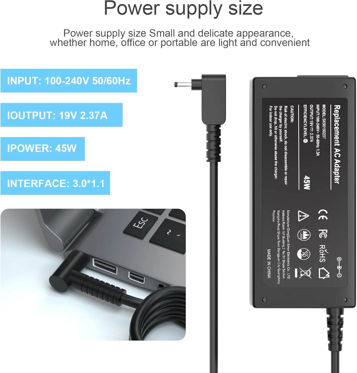 آداپتور AC لپ تاپ 19V 2.37A 45W سازگار با Acer Aspire 5 A515-44 A515-46 A515-54 A515-54G A515-55 A515-56 A517-52، سری Chromebook R11 PA-1450-26 سیم برق