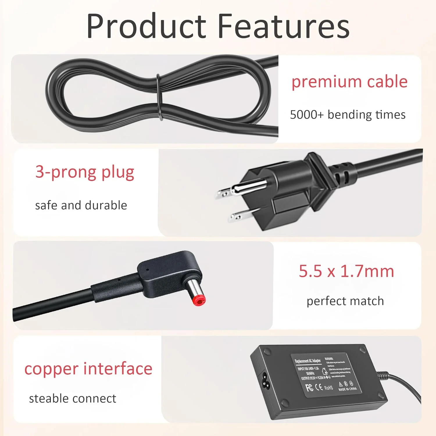 شارژر 180 واتی سازگار با لپ تاپ های گیمینگ ایسر نیترو 5 7 مدل های AN515-44 AN515-51 AN515-55 AN517-51 AN715-52، Predator Helios 300 G3-571 G3-572 PH315-52 PH317-51، Triton 300 PT314-51 PT315-52 و Aspire A715