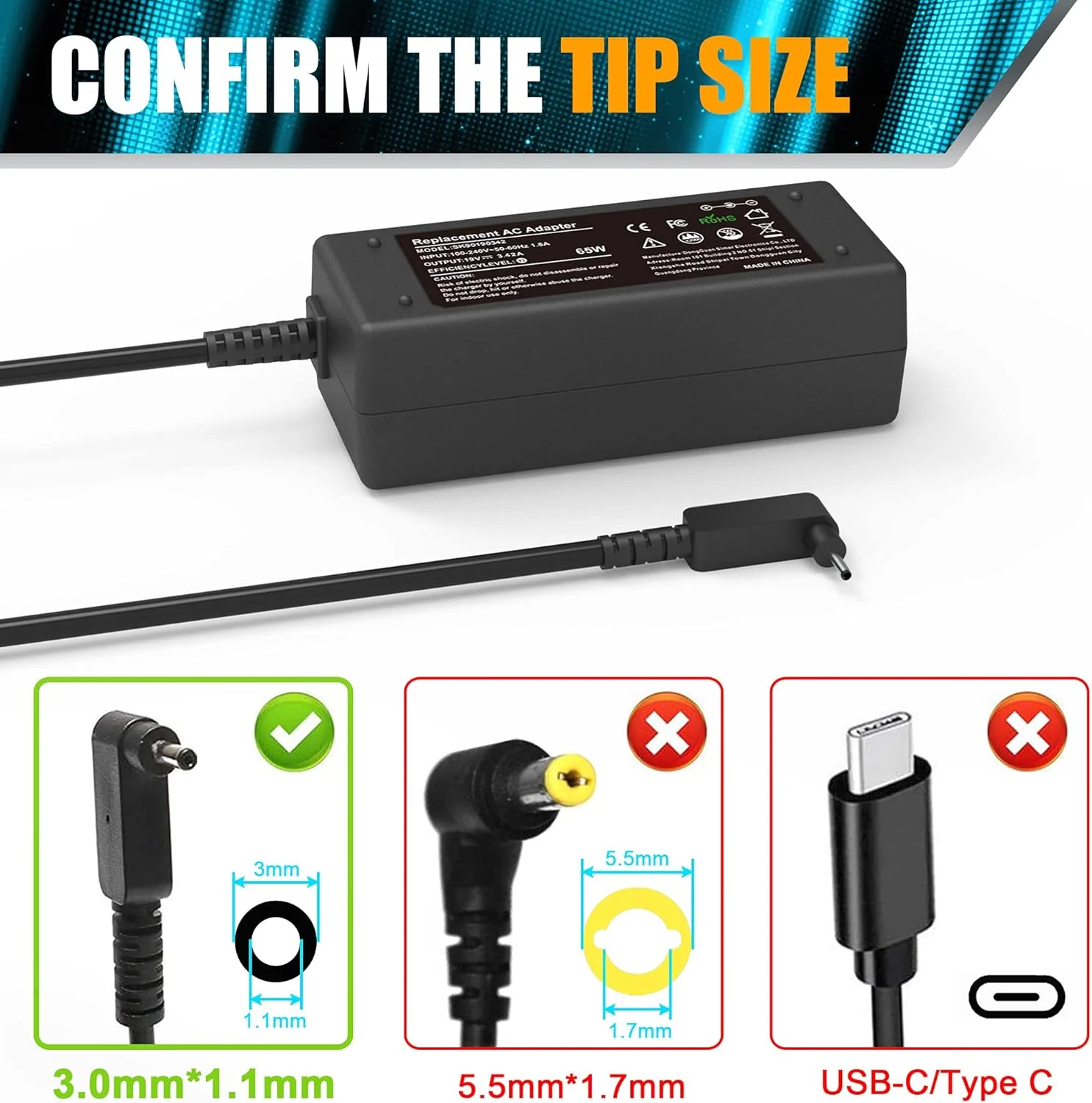 آداپتور AC 19V 3.42A 65W جایگزین شارژر لپ تاپ برای Acer Chromebook 11 13 14 15 R11 CB3 CB5 C740 C720 C720p C738T C731 CB3-532 CB3-131 CB3-531 CB5-571 CB5-311 CB5-132T PA-1650-80 سیم برق