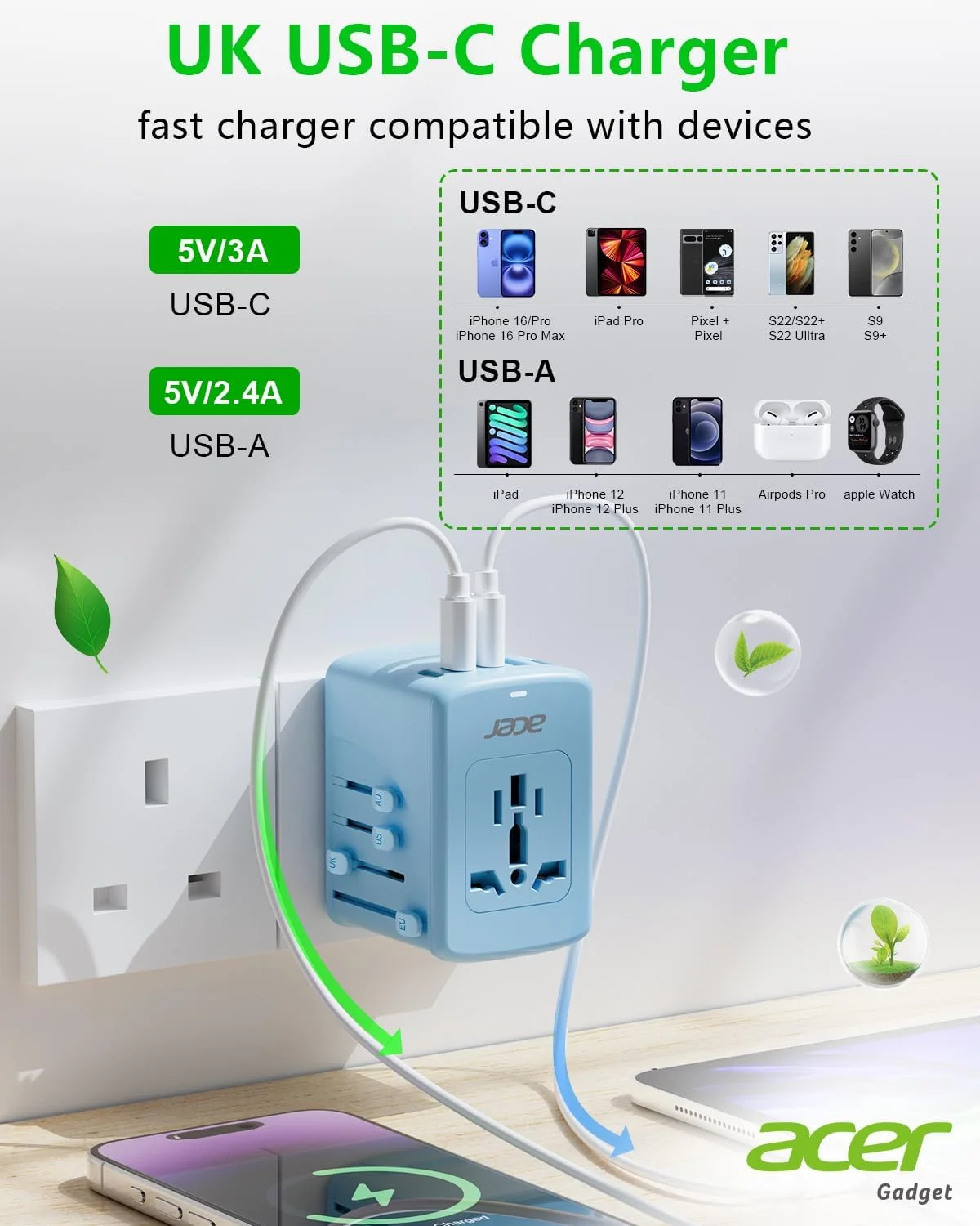 آداپتور مسافرتی جهانی ایسر - آداپتور برق بین المللی با 5 پورت USB (3 پورت USB C) 5.8A، شارژر پریز برق جهانی برای ایالات متحده آمریکا به اروپا، انگلستان، فرانسه، آلمان، اسپانیا، نوع C/E/F/G/I/L/A، آبی