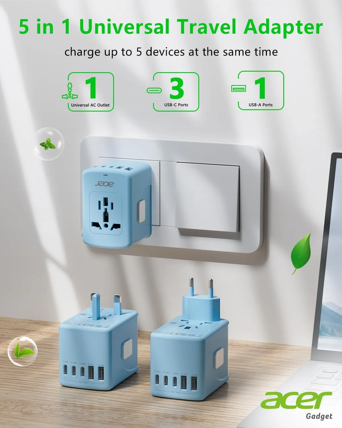 آداپتور مسافرتی جهانی ایسر - آداپتور برق بین المللی با 5 پورت USB (3 پورت USB C) 5.8A، شارژر پریز برق جهانی برای ایالات متحده آمریکا به اروپا، انگلستان، فرانسه، آلمان، اسپانیا، نوع C/E/F/G/I/L/A، آبی