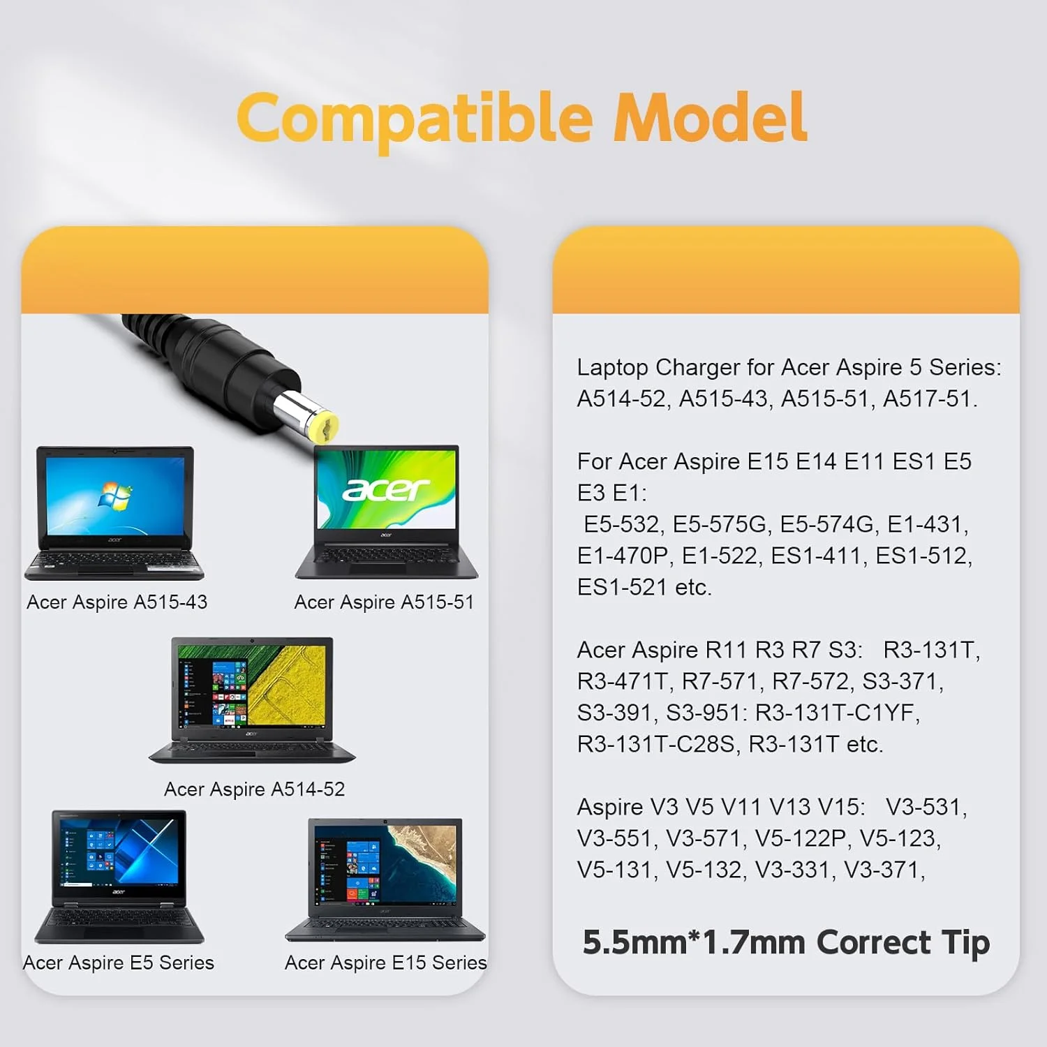 شارژر 65 واتی سازگار با لپ تاپ Acer Aspire 5; A515-43, A515-51, A514-52; A515-43-R19L, A515-43-R5RE, A515-51-58HD, A515-51G-84SN, A515-52-78MD, A515-51G-53V6, A515-53K منبع تغذیه شارژر 65 واتی سازگار با لپ تاپ Acer Aspire 5; A515-43, A515-51, A514-52; A515-43-R19L, A515-43-R5RE, A515-51-58HD, A515-51G-84SN, A515-52-78MD, A515-51G-53V6, A515-53K منبع تغذیه