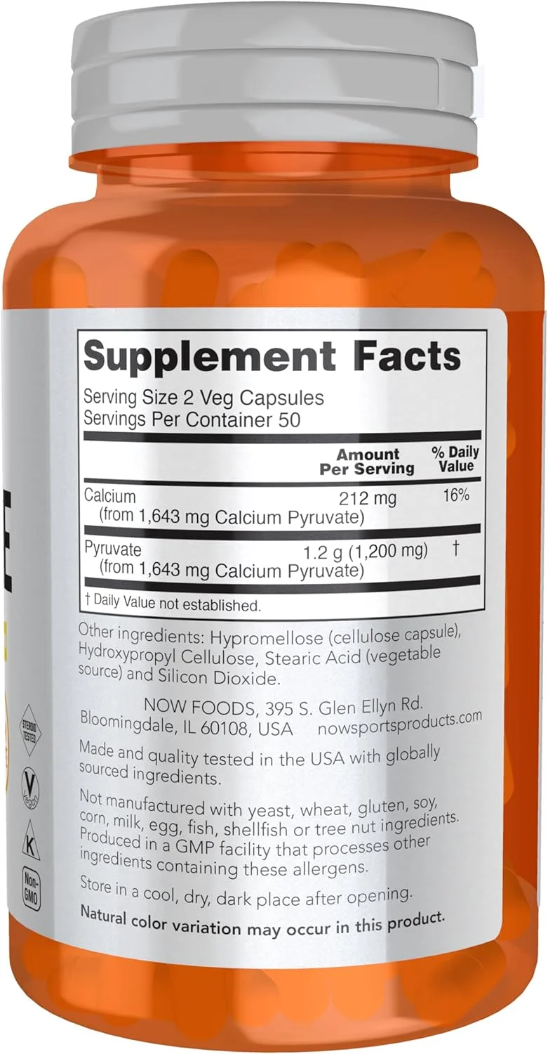 NOW Foods Sports Nutrition، پیرووات (اسید پیروویک) 600 میلی گرم، تولید انرژی*، 100 کپسول گیاهی