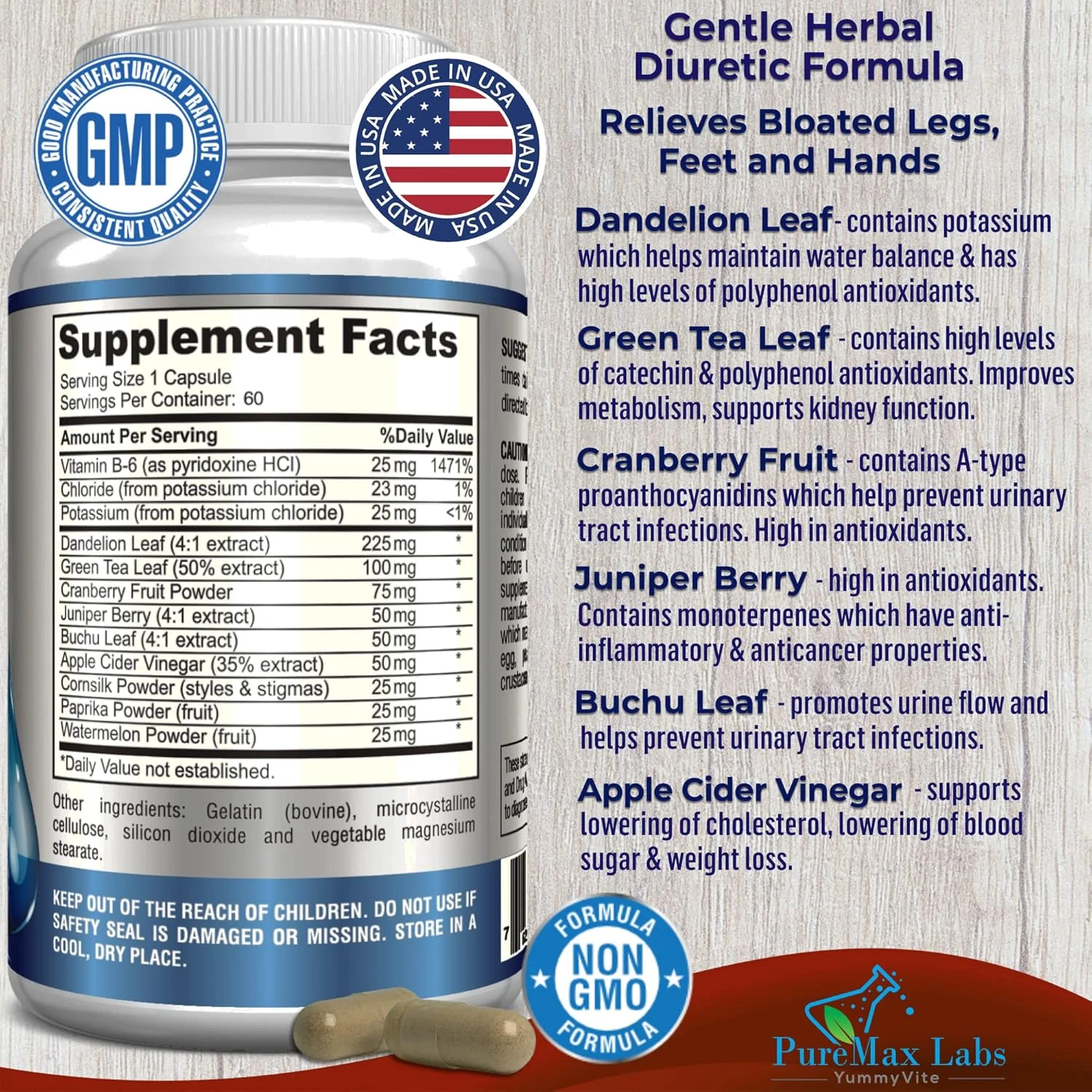 قرص های ادرارآور گیاهی ملایم برای دفع آب - قرص های طبیعی ادرارآور - کاهش نفخ، کاهش وزن آب اضافی با برگ قاصدک، چای سبز، پاکسازی سموم و سلامت ادرار. غیر GMO، 60 کپسول