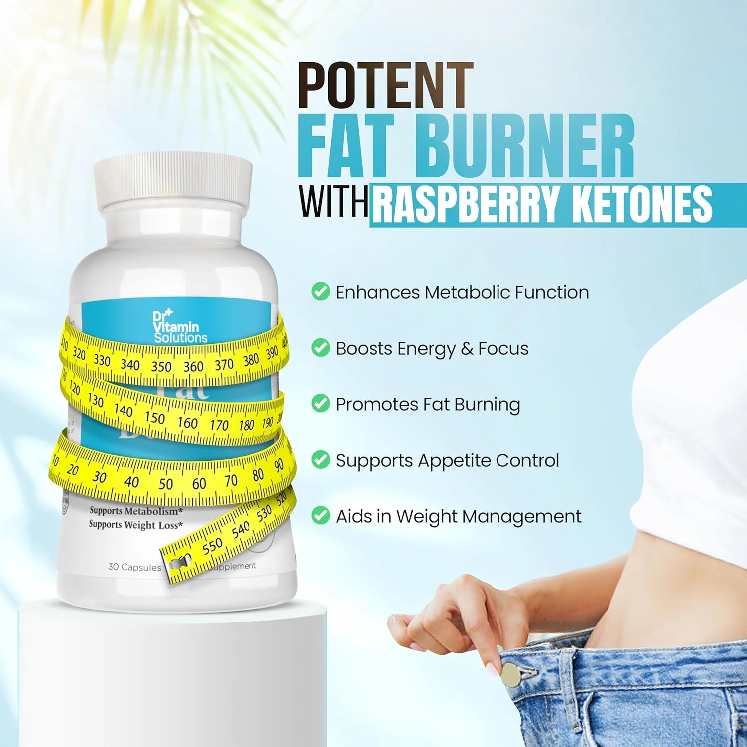 چربی سوز دکتر ویتامین سلوشنز برای بانوان با پشتیبانی GLP-1 - مکمل های کاهش وزن با پودر کتون تمشک، چای سبز، کلپ - قرص های کاهش وزن طبیعی برای زنان و مردان - 30 عدد قرص رژیمی