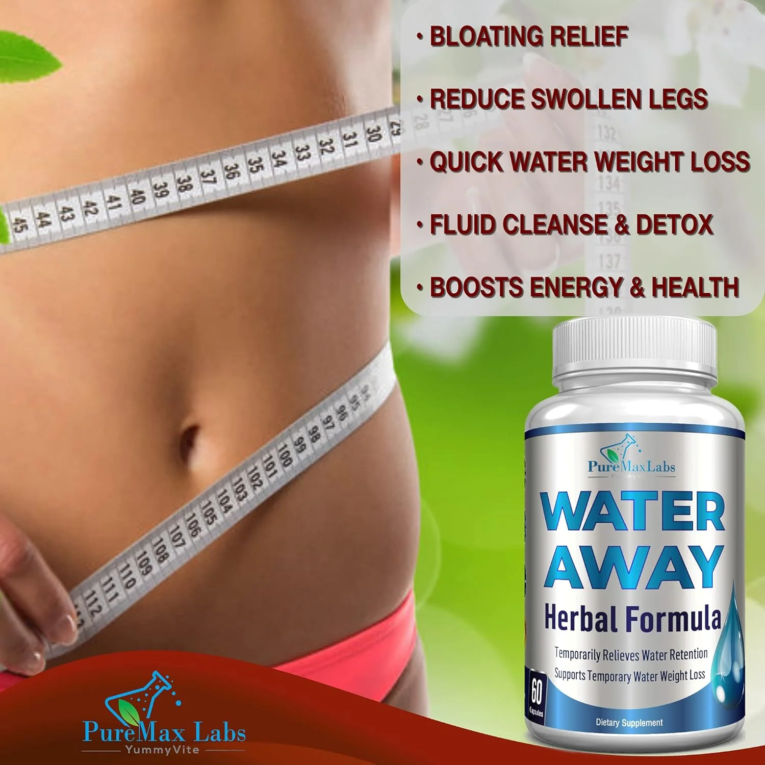 قرص های ادرارآور گیاهی ملایم برای دفع آب - قرص های طبیعی ادرارآور - کاهش نفخ، کاهش وزن آب اضافی با برگ قاصدک، چای سبز، پاکسازی سموم و سلامت ادرار. غیر GMO، 60 کپسول