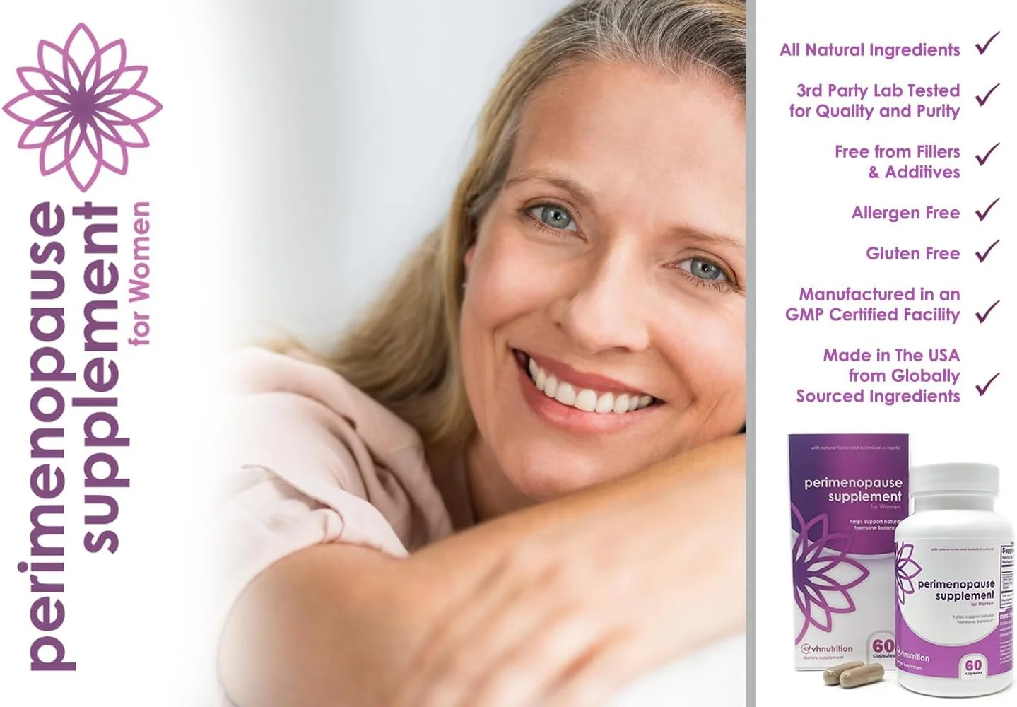 مکمل دوران پیش از یائسگی وی اچ نوتریشن برای بانوان | پشتیبانی از گرگرفتگی، خلق و خو و چرخه قاعدگی | فرمول 100% گیاهی: کوهوش سیاه، ویتکس و شاتاواری. بدون افزودنی یا پرکننده
