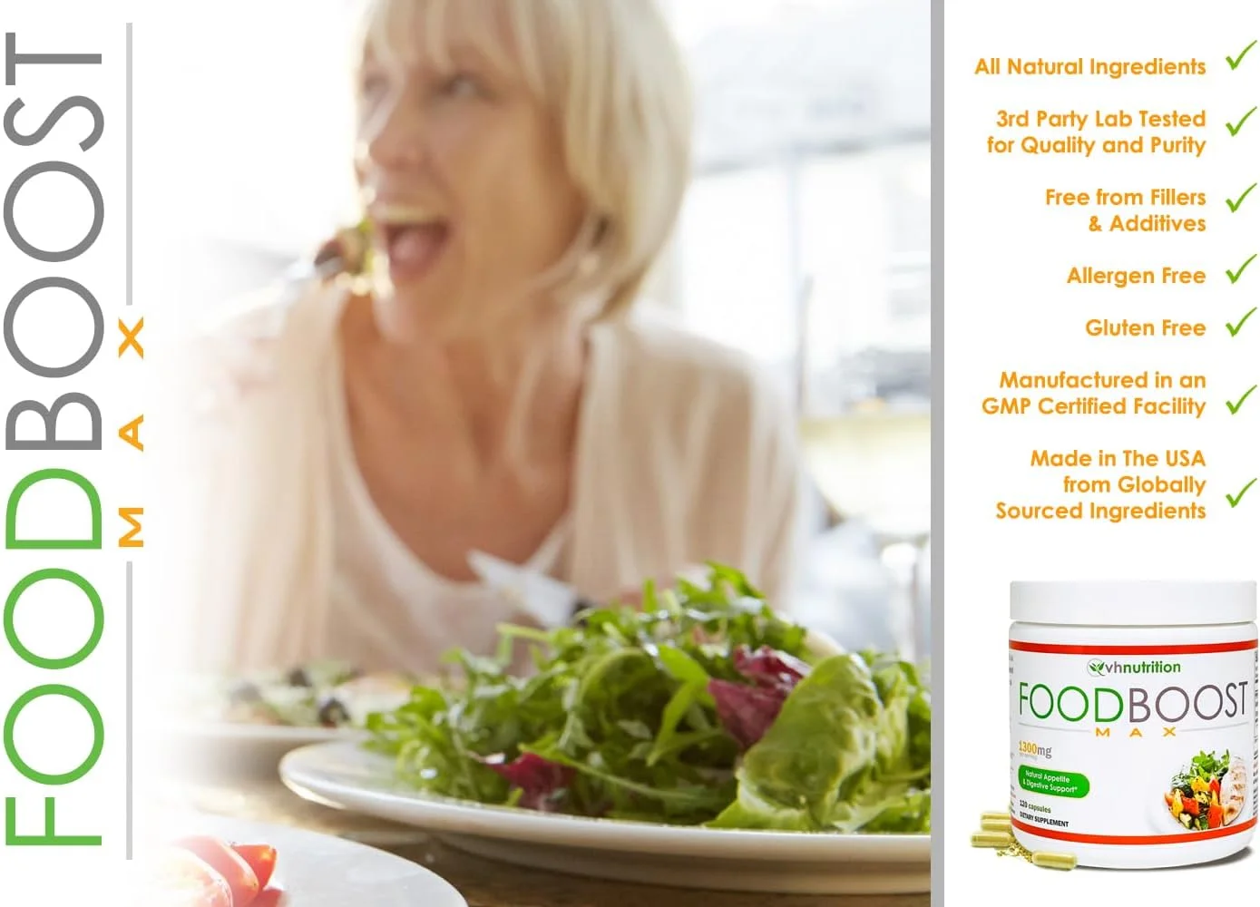 وی اچ نوتریشن | FoodBoost MAX | محرک اشتها 1300 میلی گرمی* قرص های افزایش وزن* برای مردان و زنان | فرموله شده با گیاه ژنتیان، زردچوبه، رازیانه | 120 کپسول (بسته 2 عددی)