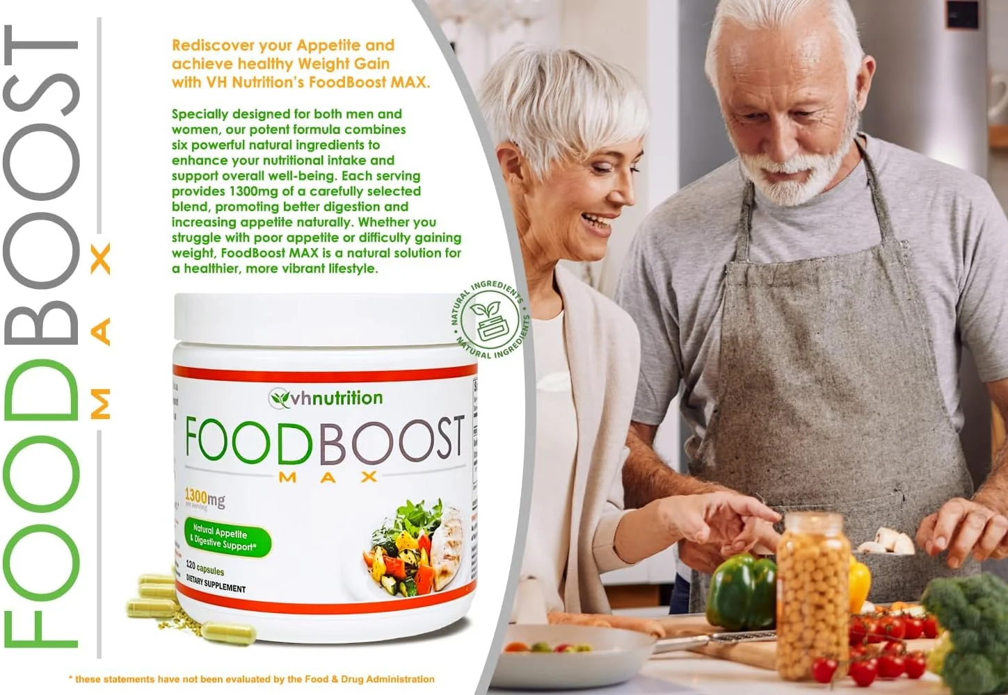 وی اچ نوتریشن | FoodBoost MAX | محرک اشتها 1300 میلی گرمی* قرص های افزایش وزن* برای مردان و زنان | فرموله شده با گیاه ژنتیان، زردچوبه، رازیانه | 120 کپسول (بسته 2 عددی)