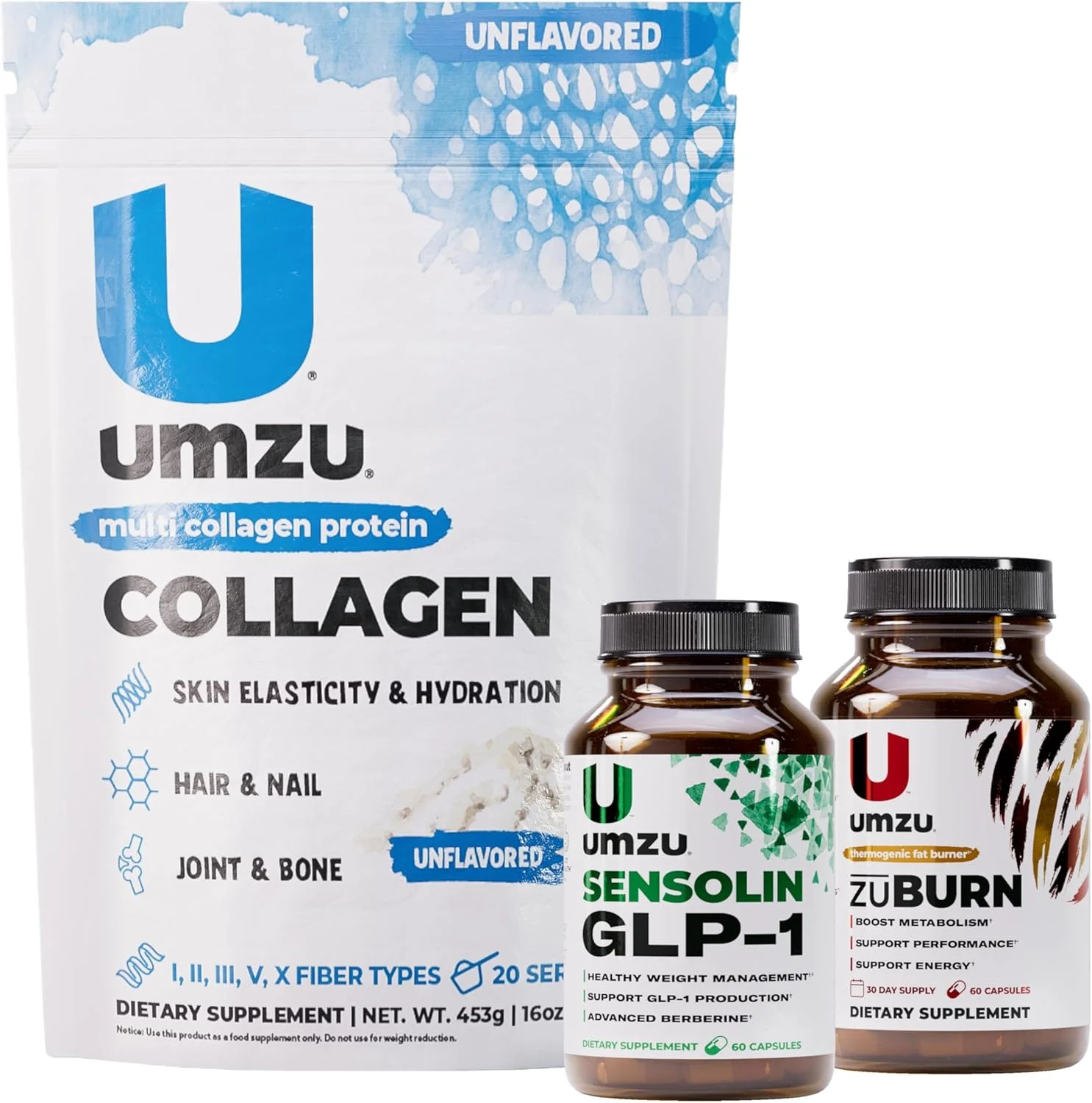 بسته تناسب اندام UMZU: پروتئین کلاژن چندگانه، ساپورت Sensolin GLP-1، ZuBurn چربی سوز و تقویت کننده متابولیسم