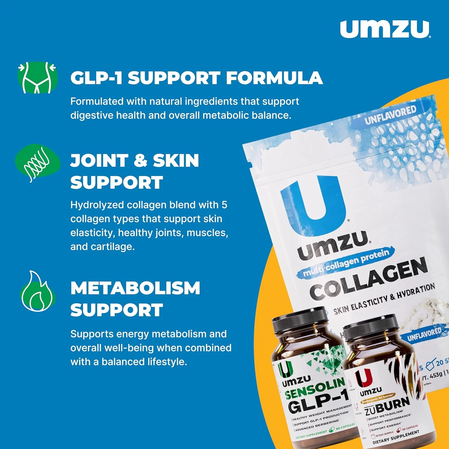 بسته تناسب اندام UMZU: پروتئین کلاژن چندگانه، ساپورت Sensolin GLP-1، ZuBurn چربی سوز و تقویت کننده متابولیسم