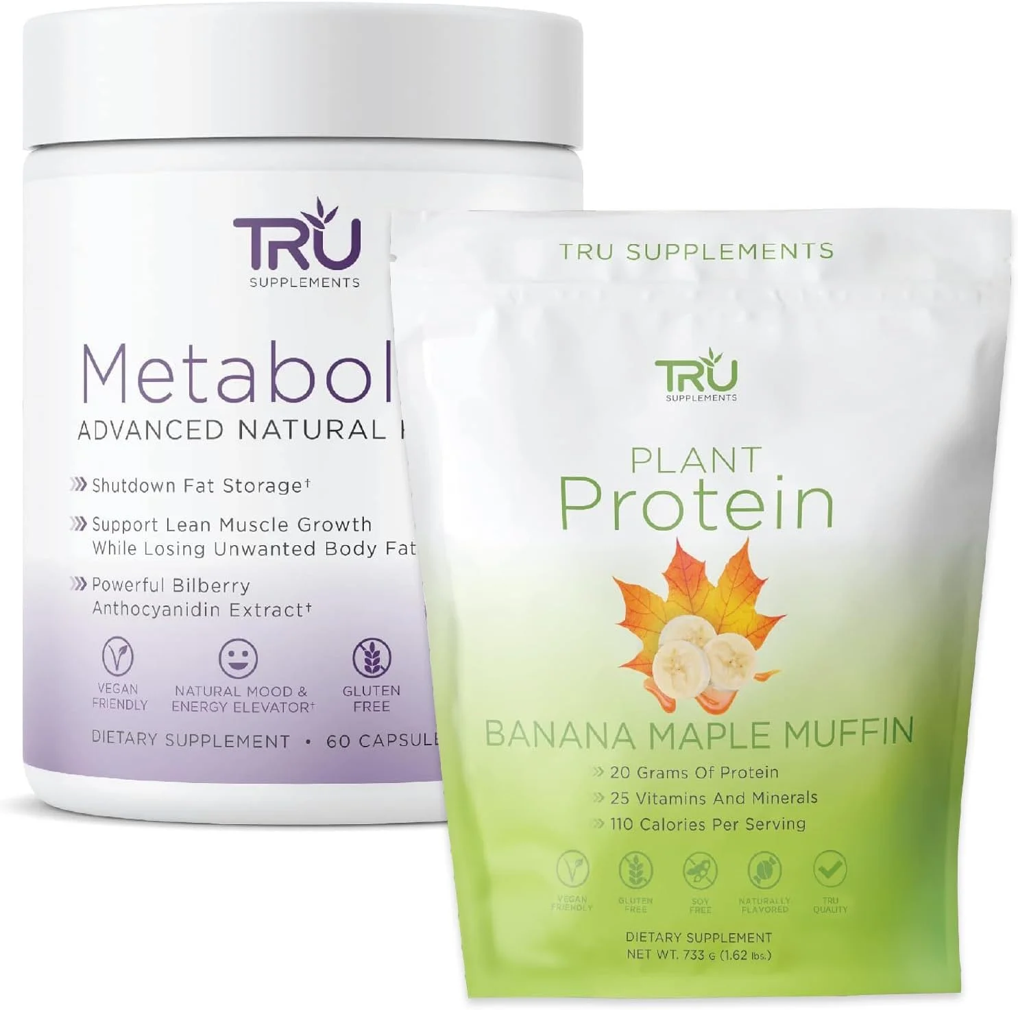 بسته مکمل های غذایی متابولیسم و پروتئین گیاهی TRU، پشتیبانی پیشرفته از کاهش چربی و پروتئین وگان با BCAA، EAA، ۲۷ ویتامین، ۲۰ گرم پروتئین برنج قهوه ای و نخود، بدون طعم دهنده های مصنوعی