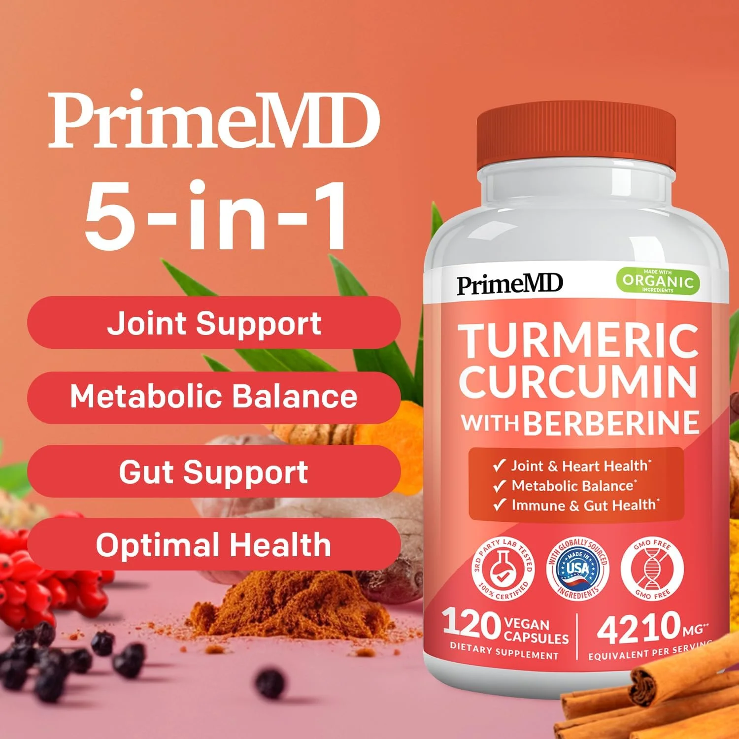 مکمل زردچوبه کورکومین ارگانیک 5 در 1 (4210 میلی گرم) به همراه بربرین، دارچین سیلان، بیوپرین و مکمل زنجبیل برای حمایت از مفاصل، قلب، روده و متابولیسم (120 عدد) (بسته 2 عددی)