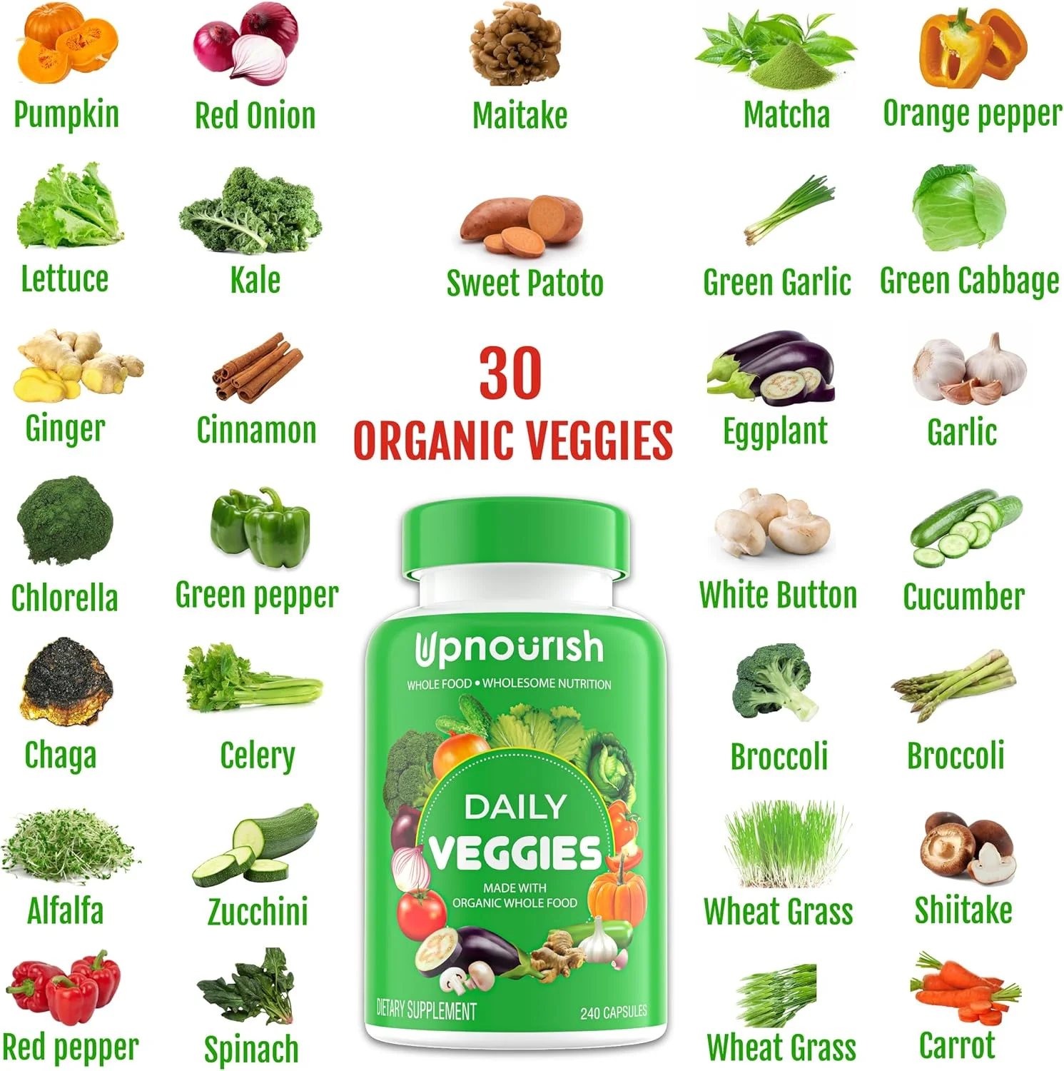 مکمل میوه ها و سبزیجات ارگانیک آپ نوریش - پشتیبانی از تعادل رژیم غذایی، پاکسازی بدن و انرژی - 480 کپسول میوه و سبزیجات فوق العاده از طبیعت - مکمل های میوه و سبزیجات برای بزرگسالان و کودکان