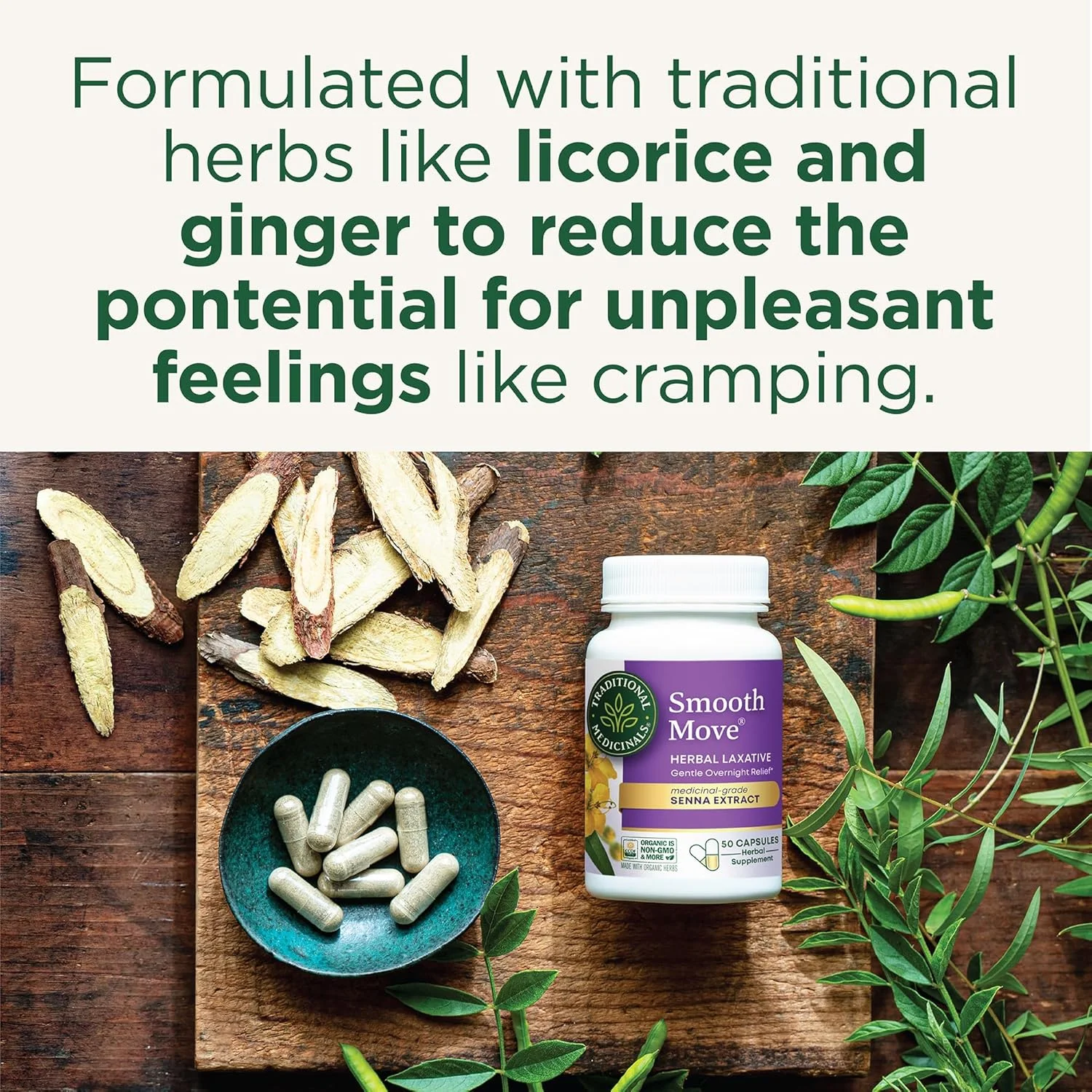 کپسول های ملین Smooth Move از Traditional Medicinals - حاوی سنای ارگانیک - تسکین دهنده طبیعی گیاهی یبوست - 50 کپسول (1 بسته)