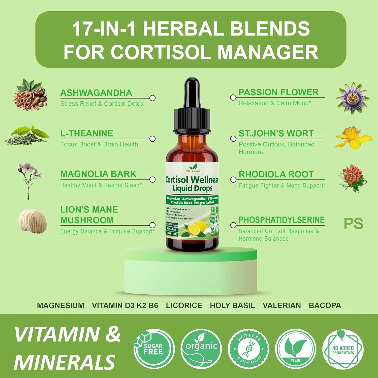 قطره مایع مکمل کورتیزول، سم زدای کورتیزول 17 در 1 با گلیسینات منیزیم 400 میلی گرم، آشواگاندا، ال-تیانین، فسفاتیدیل سرین، تعادل هورمونی برای زنان، تمرکز خلق و خو، پشتیبانی از خواب