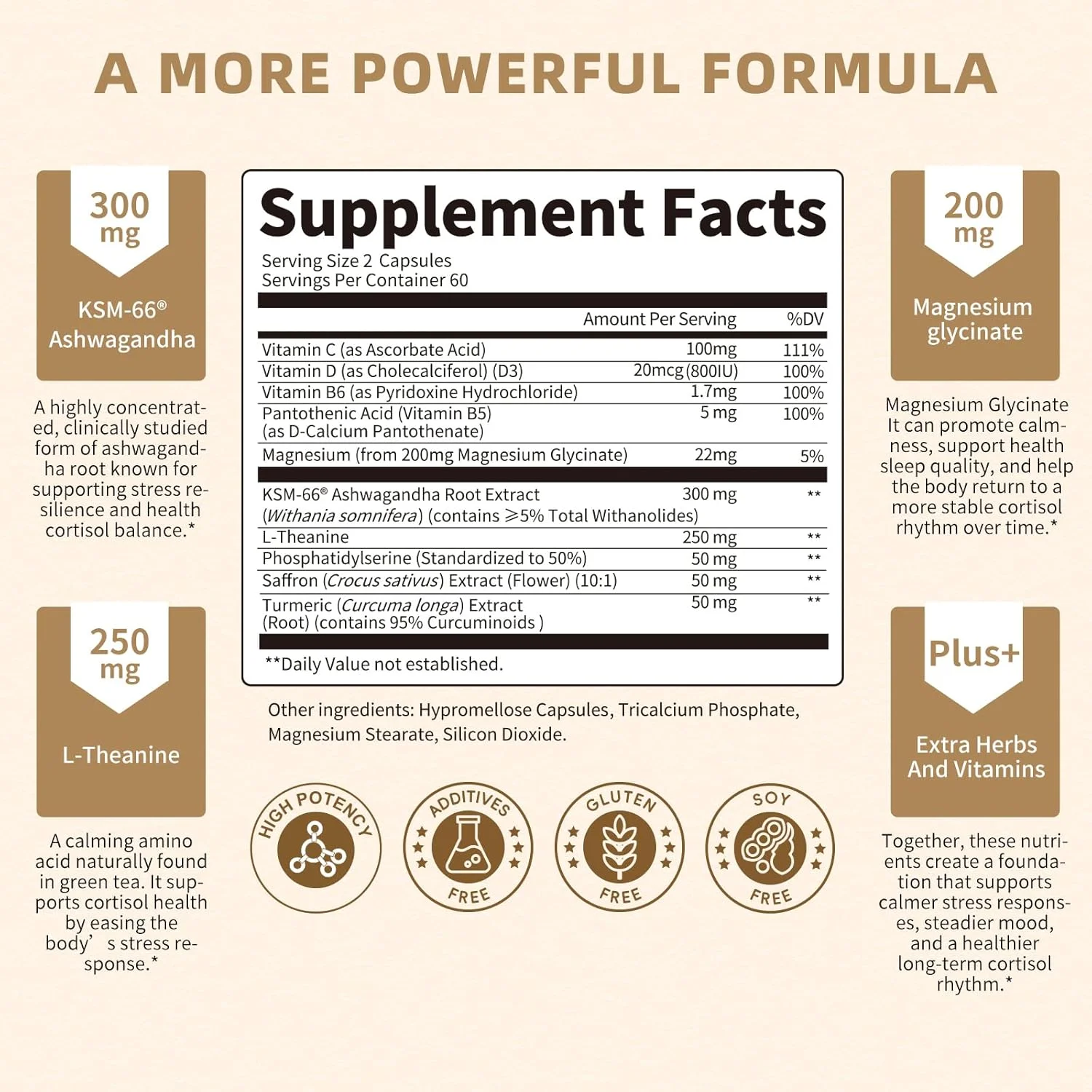 مکمل های کورتیزول 10 در 1 حاوی KSM-66® آشواگاندا 300 میلی گرم + ال-تیانین 250 میلی گرم، منیزیم گلیسینات، زعفران، فسفاتیدیل سرین، زردچوبه و ویتامین C D3 B6 B5، مناسب برای زنان و مردان، 120 کپسول برای 60 روز