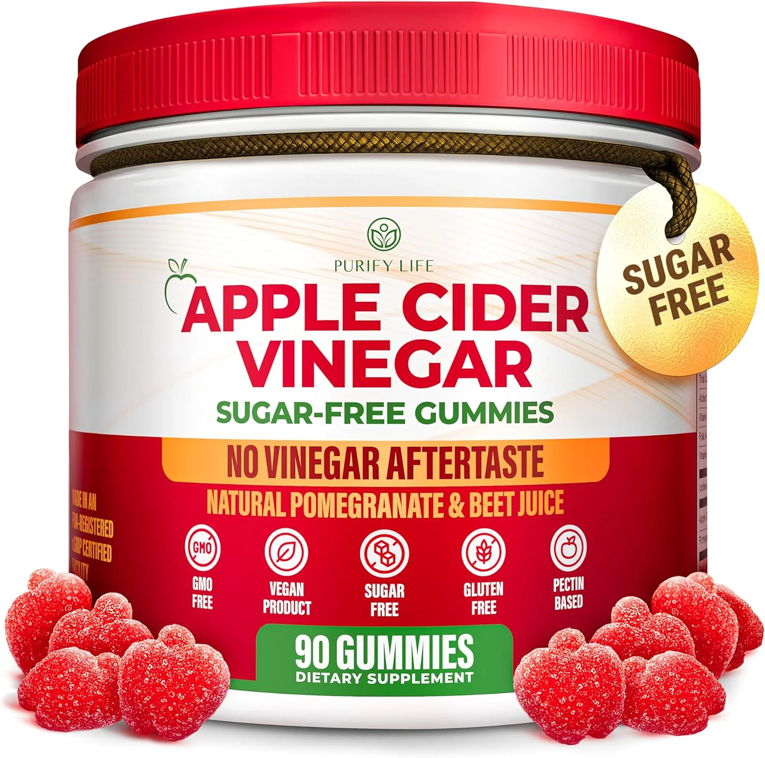 پاستیل سرکه سیب بدون قند برای بزرگسالان (90 عدد) - پاستیل سم زدای سرکه سیب تصفیه نشده برای سلامت روده، انرژی، هضم و تقویت سیستم ایمنی - بدون نیاز به کپسول، قرص یا سوزش معده