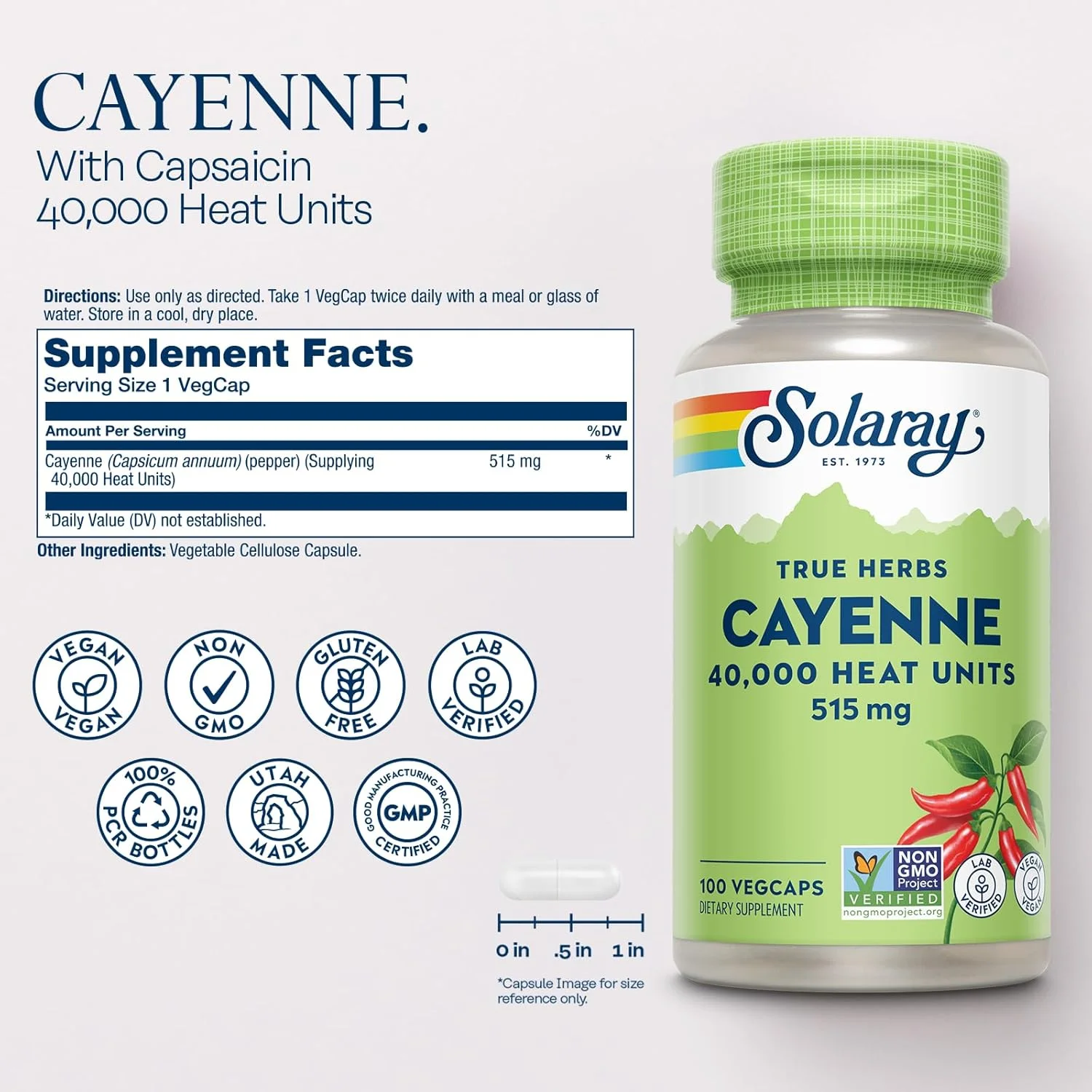 SOLARAY Cayenne Pepper Capsules with Capsaicin - Capsaicin Supplements for Powerful Wellness Support - 40,000 Heat Units per VegCap - Vegan, Non-GMO, Gluten-Free, 60-Day Guarantee, 100 Servings
