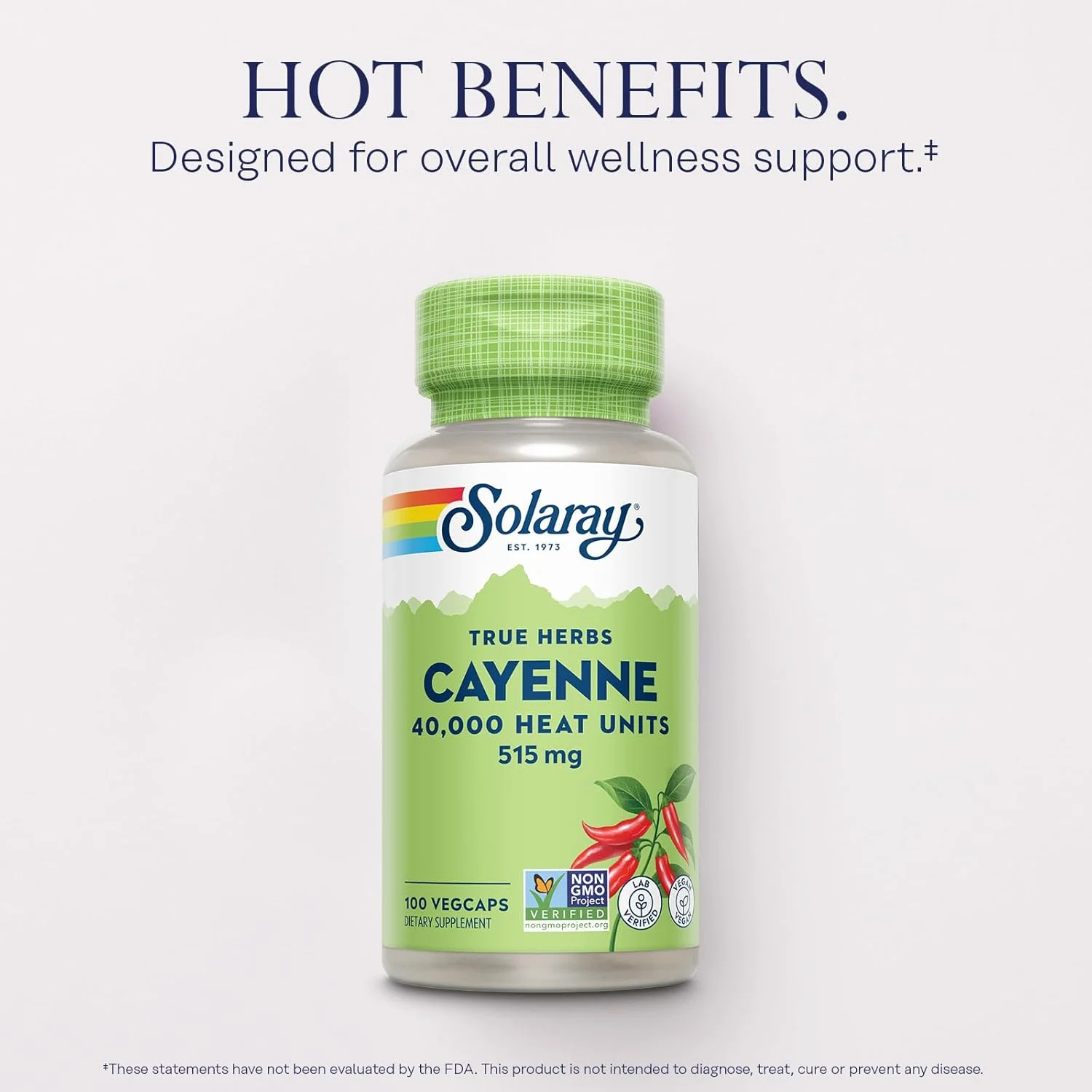 SOLARAY Cayenne Pepper Capsules with Capsaicin - Capsaicin Supplements for Powerful Wellness Support - 40,000 Heat Units per VegCap - Vegan, Non-GMO, Gluten-Free, 60-Day Guarantee, 100 Servings