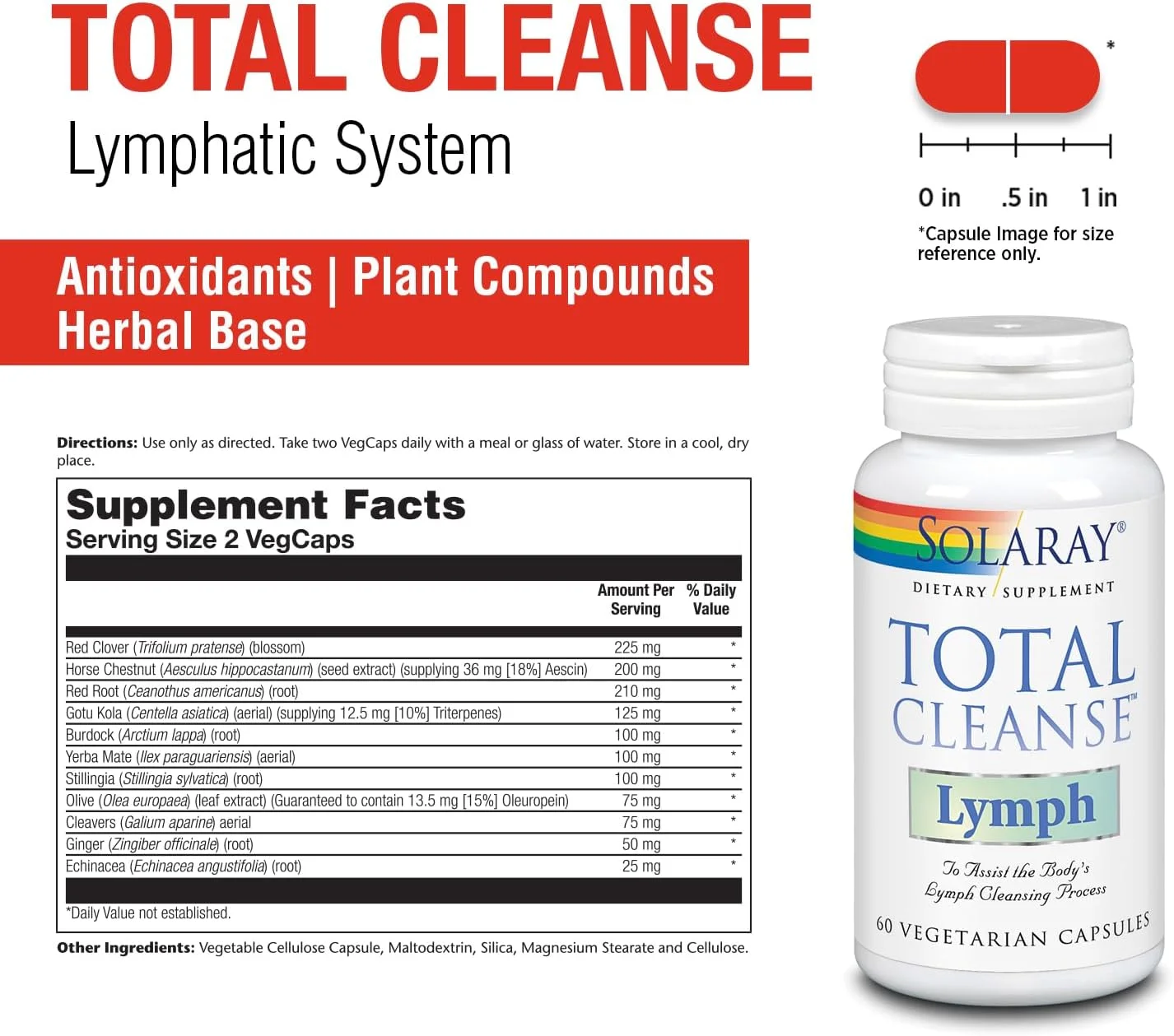 SOLARAY Total Cleanse Lymph - کمپلکس گیاهی سلامتی - ریشه زنجبیل، اکیناسه، یربا ماته، ریشه باباآدم، شبدر قرمز، گوتو کولا و مکمل شاه بلوط، 60 کپسول گیاهی، 30 سروینگ