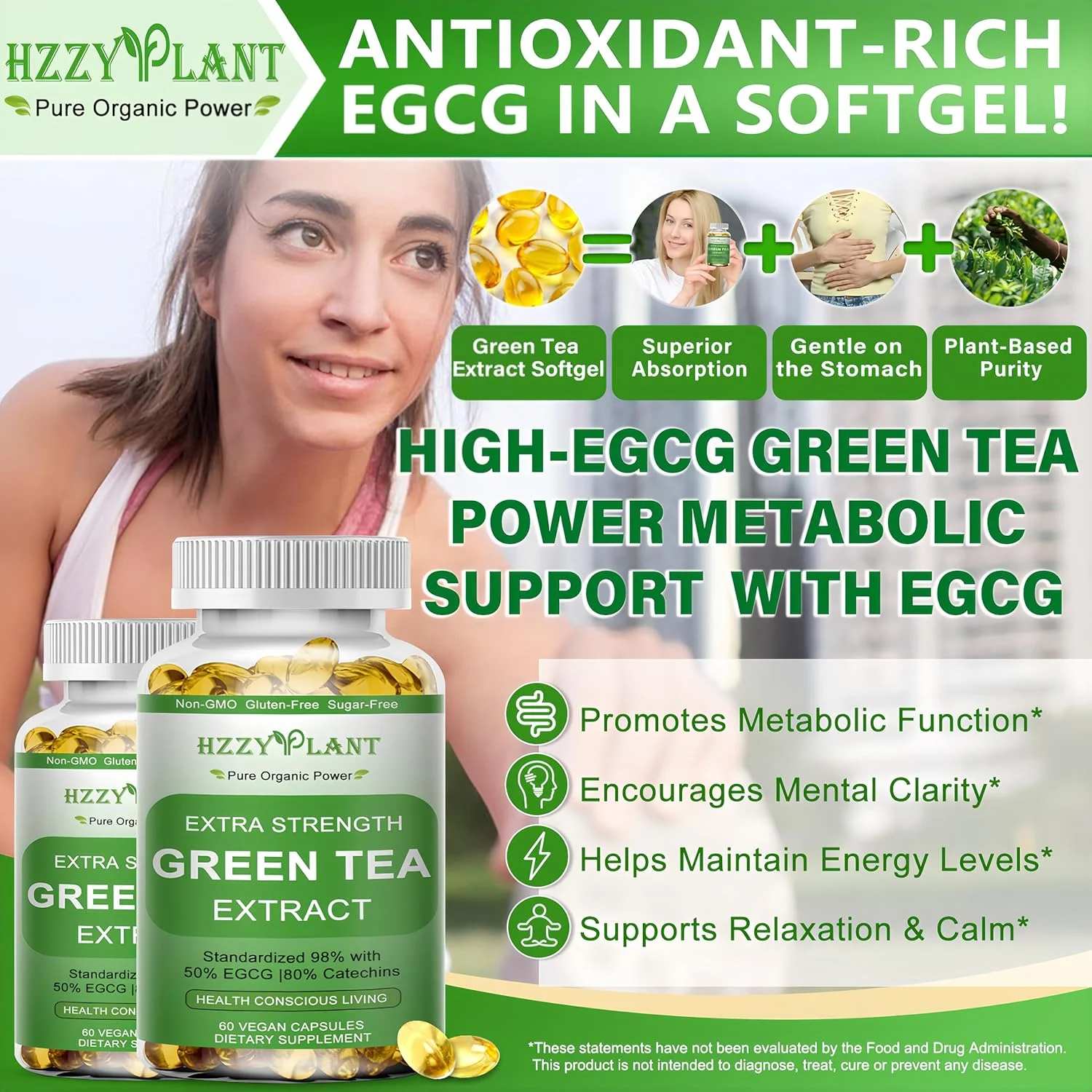 کپسول های ژلاتینی عصاره چای سبز، کپسول های ژلاتینی چای سبز با جذب بالا برای متابولیسم انرژی، آنتی اکسیدان، حمایت از قلب و پوست، مکمل گیاهی 50% EGCG برای مردان و زنان، غیر GMO، تامین 2 ماهه