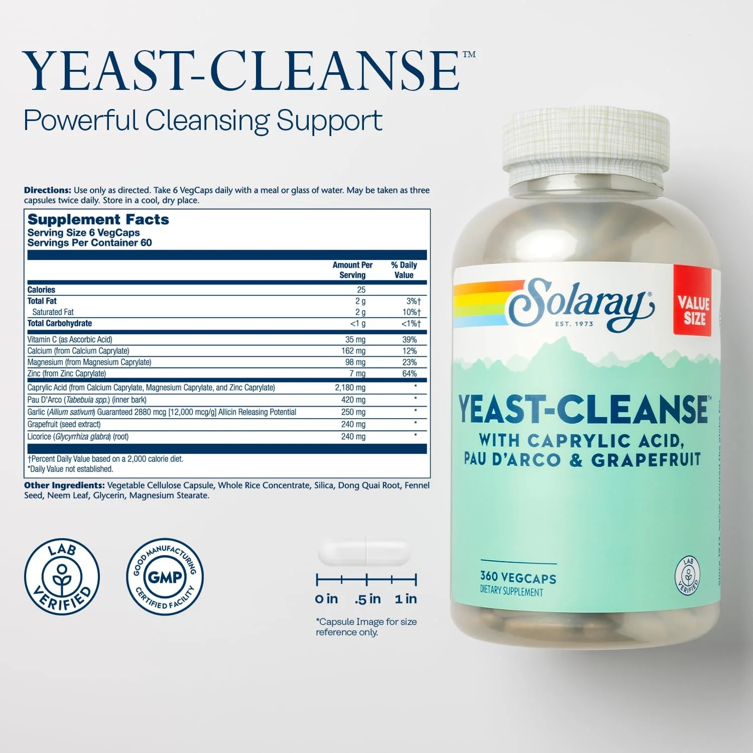 پاک کننده مخمر سولارای، پشتیبانی آنتی اکسیدانی با اسید کاپریلیک، PAU d'Arco، عصاره ریشه شیرین بیان و عصاره دانه گریپ فروت، 60 وعده، 360 کپسول گیاهی