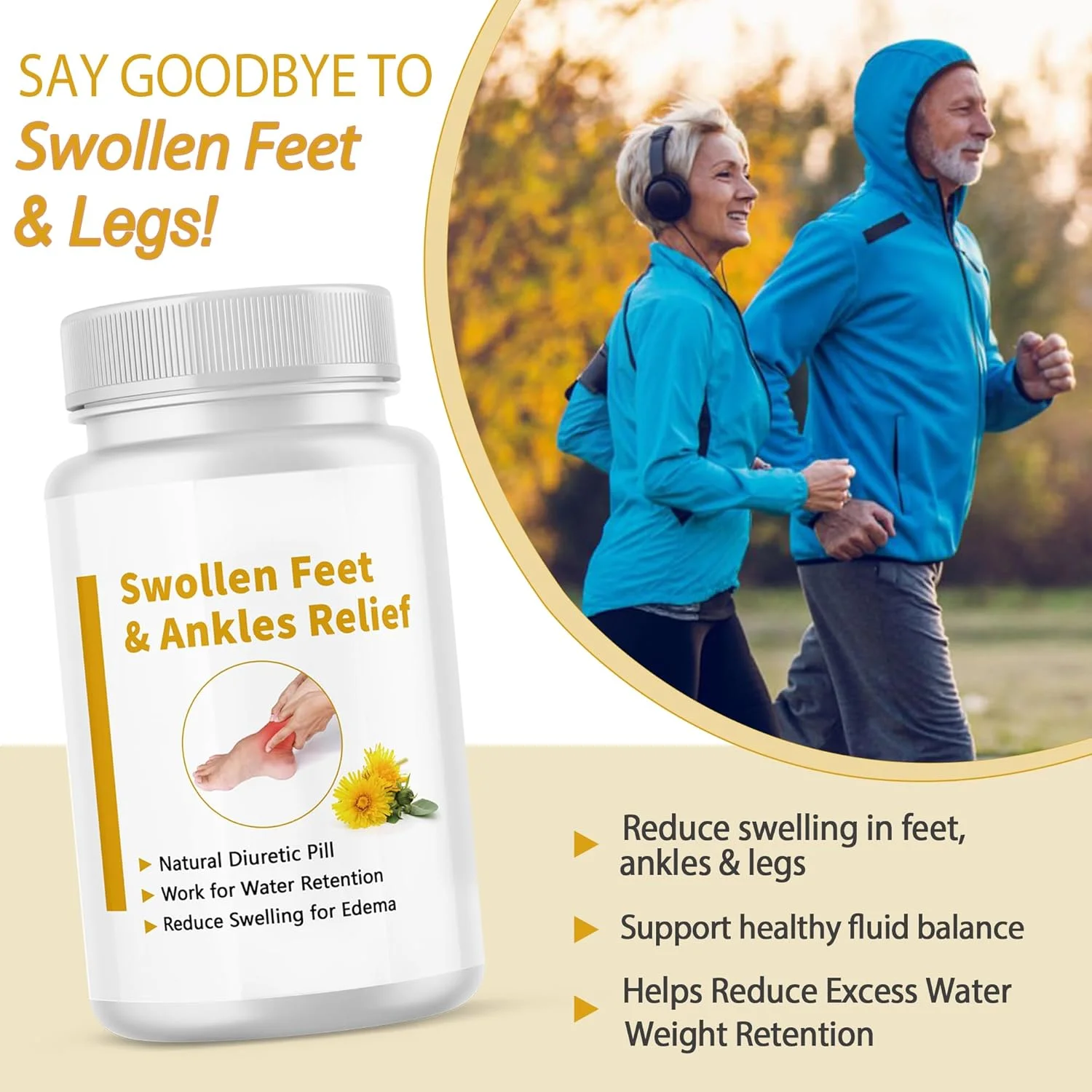 تسکین پاها و مچ پاهای متورم ناشی از ادم، احتباس آب، کاهش تورم پاها، قرص ادرارآور طبیعی برای راحتی پا و مچ پا، 60 کپسول