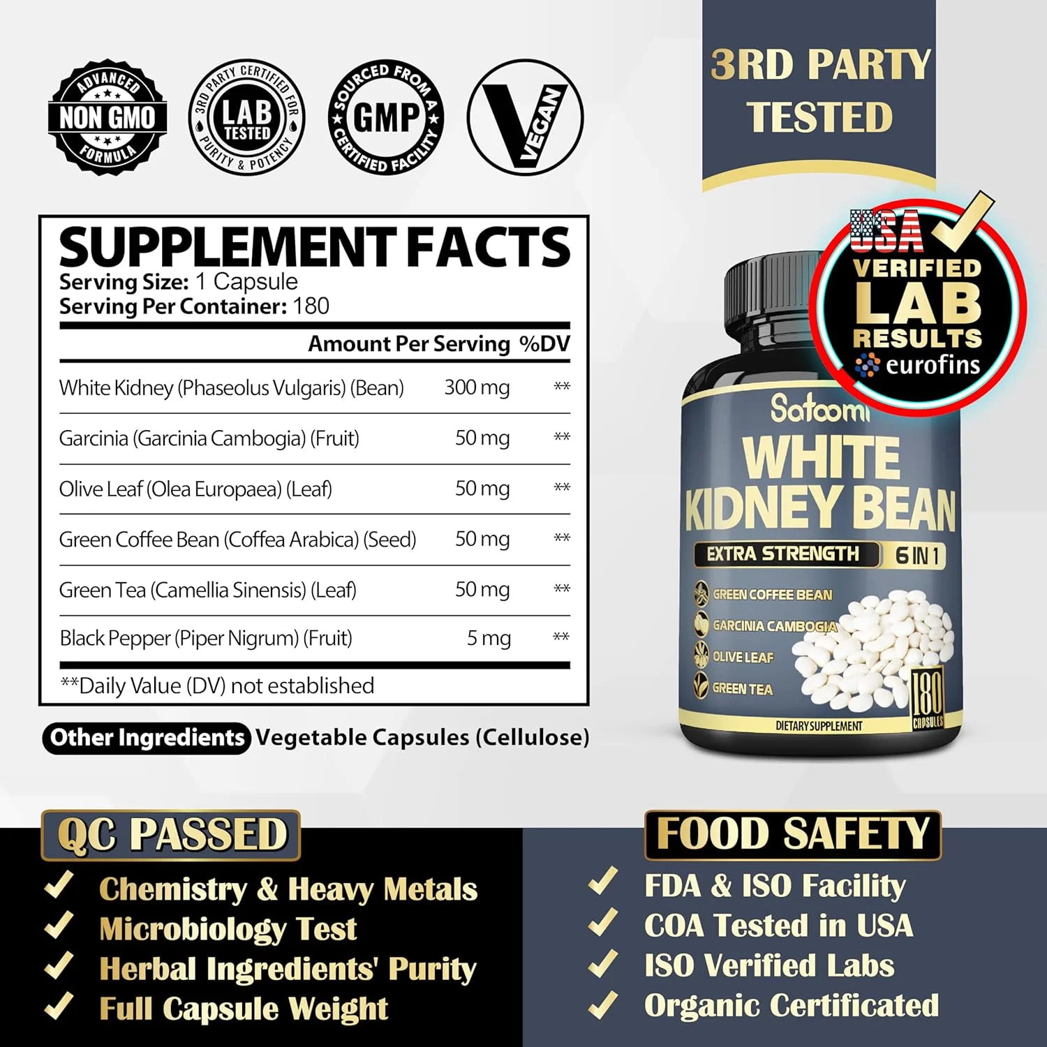 کپسول های عصاره لوبیا سفید ساتومی 6 در 1 - تامین 6 ماهه - ترکیب اضافی با برگ زیتون، دانه قهوه سبز و چای سبز - 180 عدد
