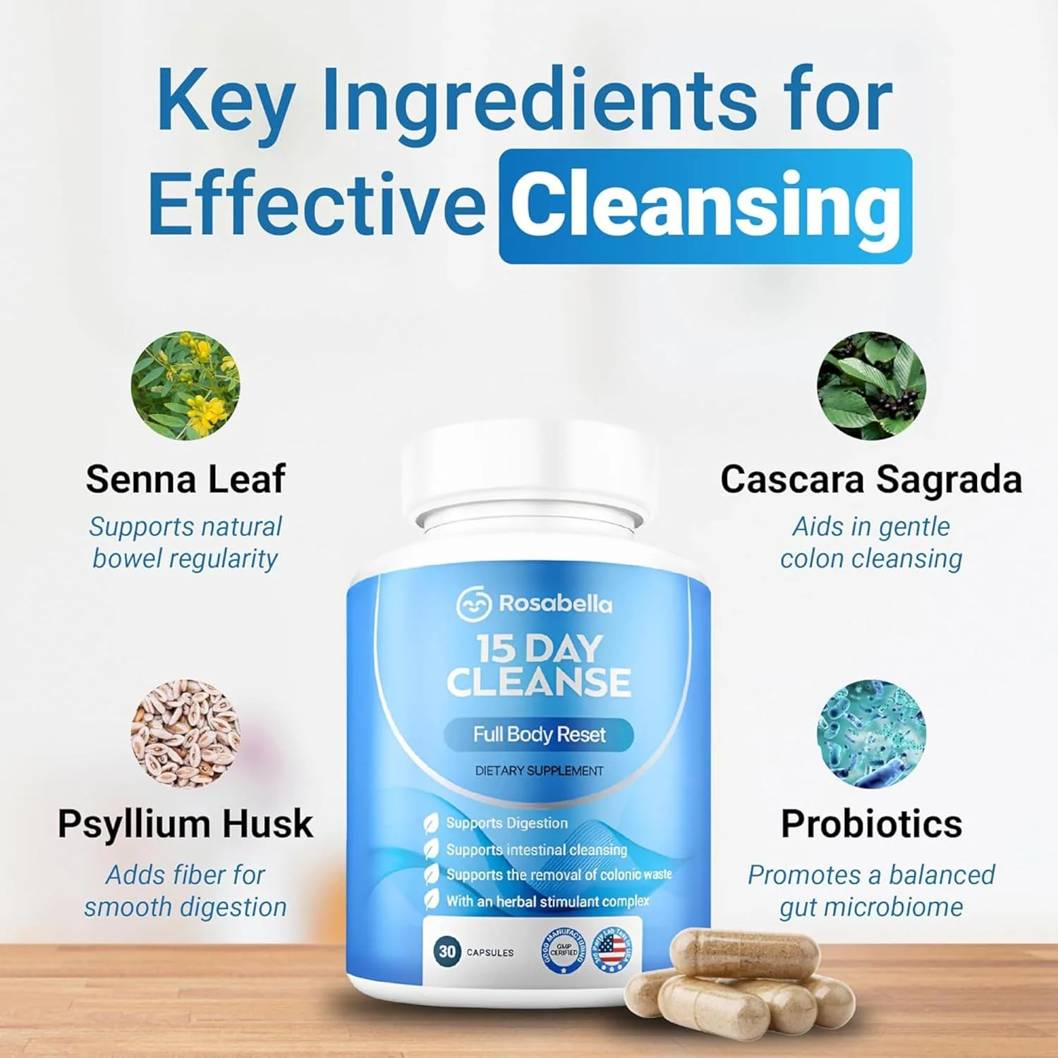 پاکسازی 15 روزه رُزابلا - سم زدایی کامل بدن و پاکسازی روده بزرگ برای آقایان و بانوان - قرص های سم زدایی و پاکسازی روده برای سلامت دستگاه گوارش و رفع نفخ - فرموله شده توسط پزشک، غیر GMO، 30 کپسول گیاهی