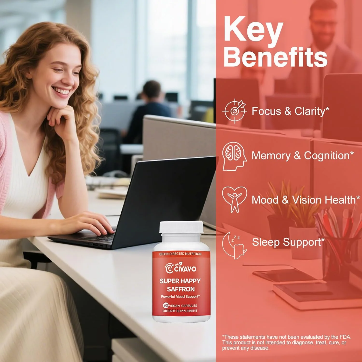 مکمل زعفران شادابی فوق العاده، 90 کپسول، عصاره ارگانیک بهینه شده زعفران، کورکومین و زینک، قرص های وگان بدون گلوتن و غیر تراریخته، ممکن است از تمرکز، خلق و خو، بینایی و سلامت چشم برای زنان و مردان حمایت کند (30 سروینگ)